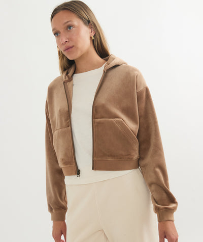 Cord Velour Cropped Zip Up Hoodie
