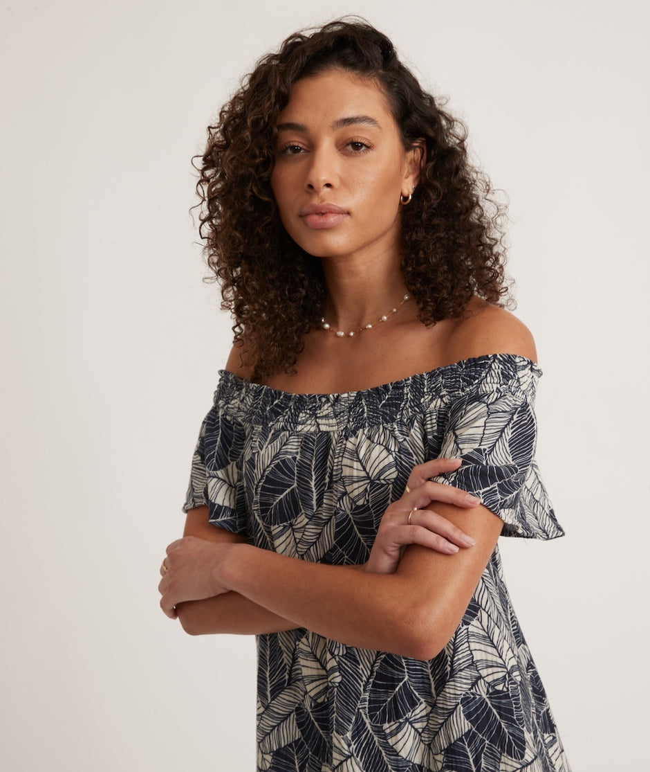 Shirley Off The Shoulder Dress in Navy Palm