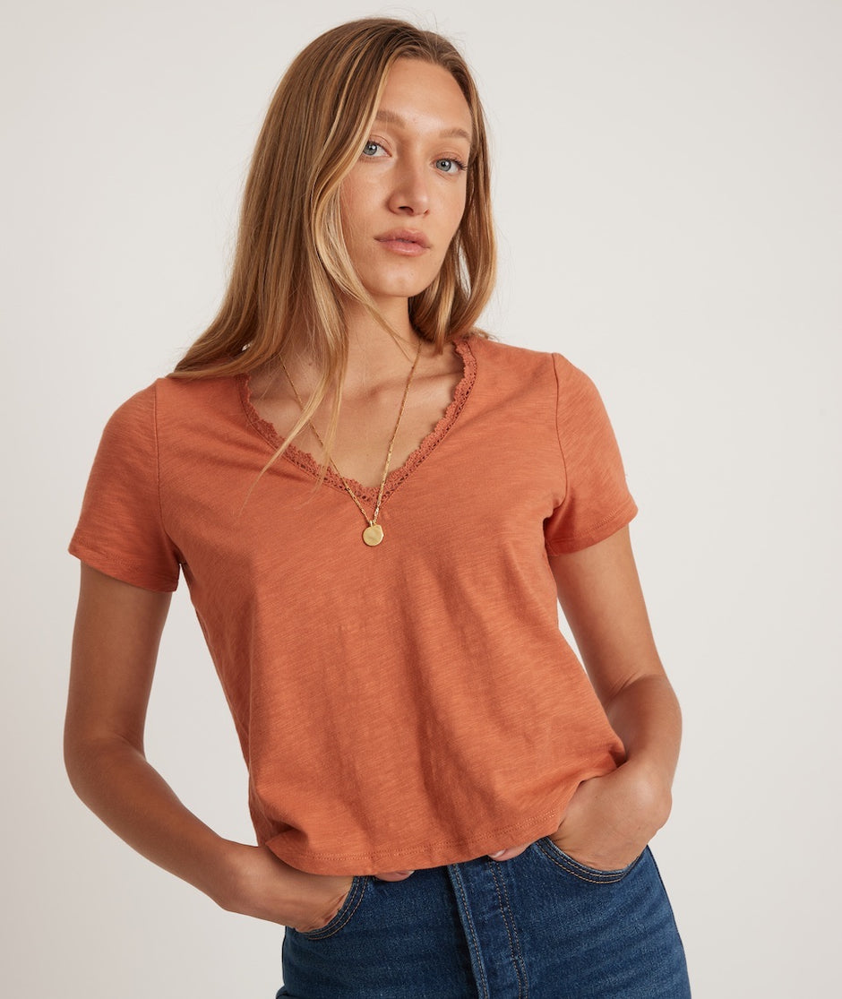 Rhea Lace Trim V-Neck Tee in Amber Brown