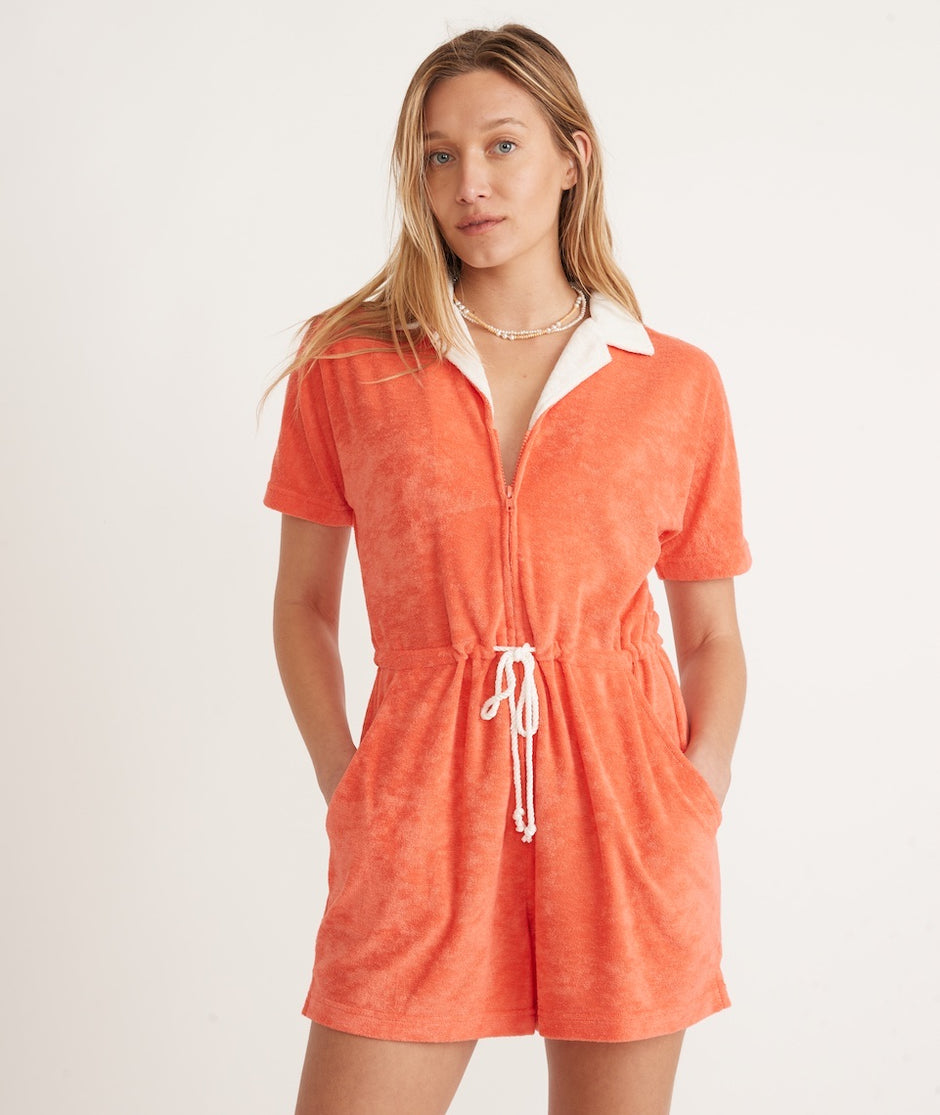 Terry Out Romper in Hot Coral