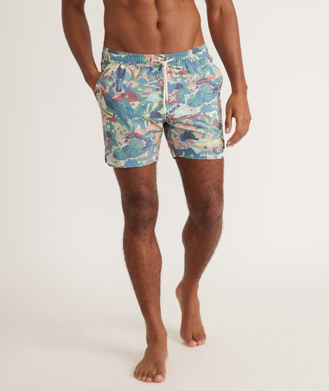 5" 4-Way Stretch Swim Trunk in Teal Groovy Print