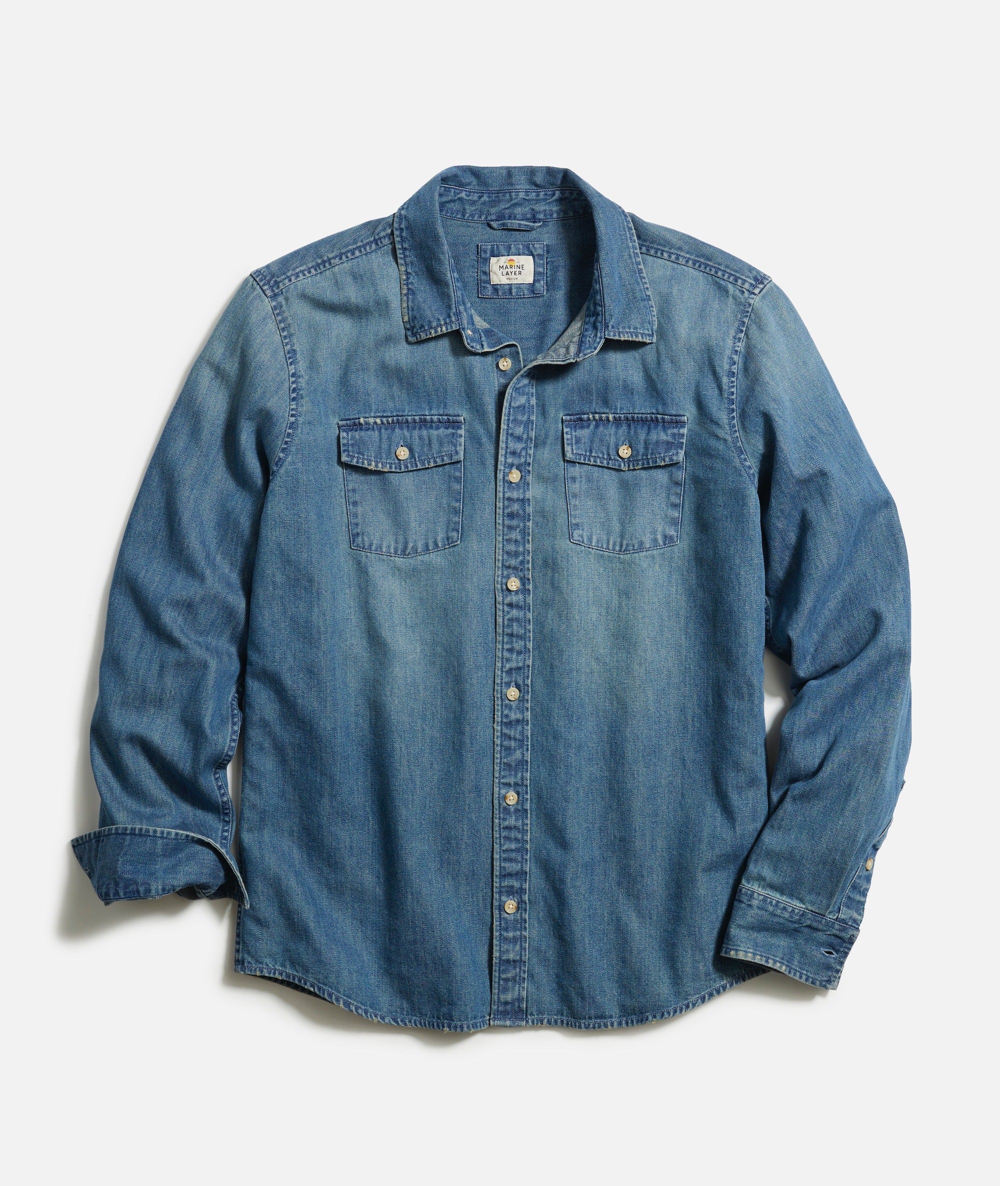 Marine Layer Long Sleeve Classic Denim Shirt in Dark Wash Medium