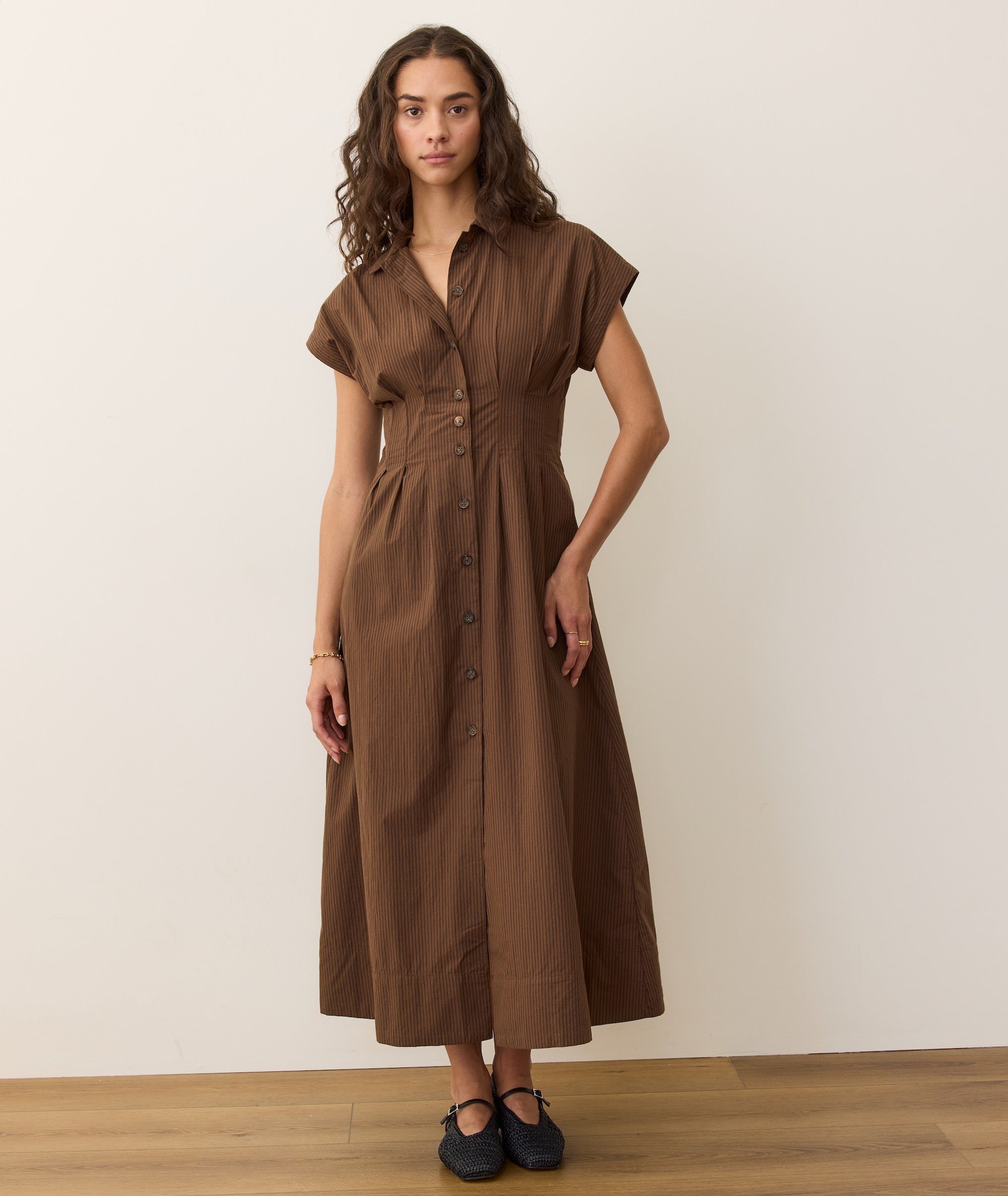 Women's Arden Midi Shirt Dress | Brown/black Pinstripe | XL by Marine Layer Women's Arden Midi Shirt Dress | Brown/black Pinstripe | XL by Marine Layer