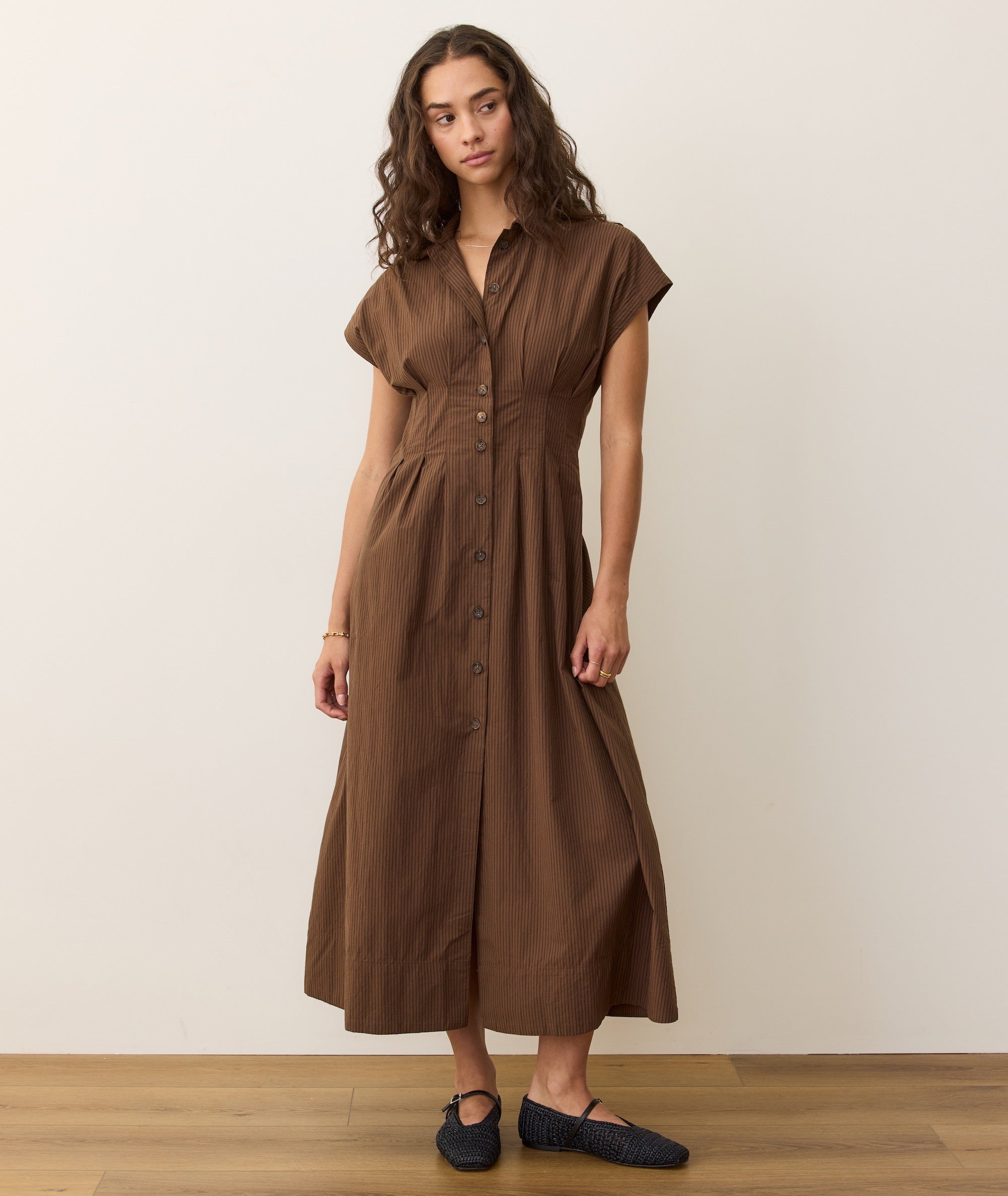 Women's Arden Midi Shirt Dress | Brown/black Pinstripe | XL by Marine Layer Women's Arden Midi Shirt Dress | Brown/black Pinstripe | XL by Marine Layer