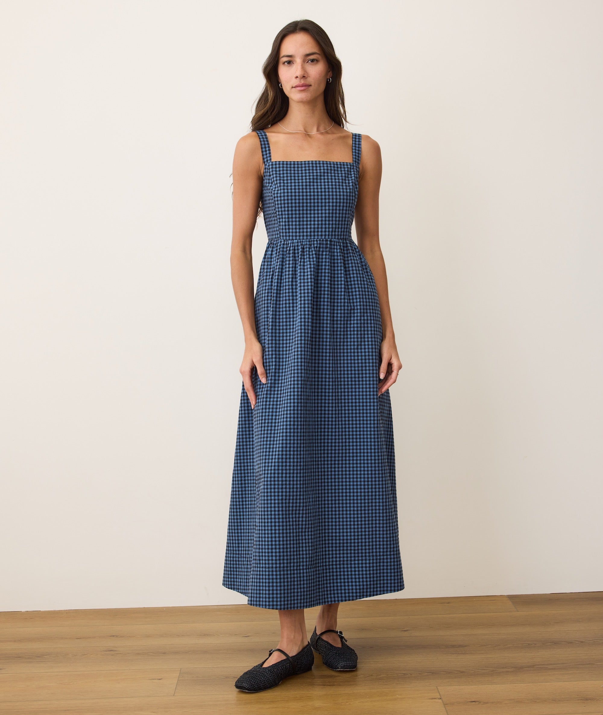Woen's Dei Poplin iDi Dress | Blue Gingha | Medium by Marine Layer Woen's Dei Poplin iDi Dress | Blue Gingha | Medium by Marine Layer