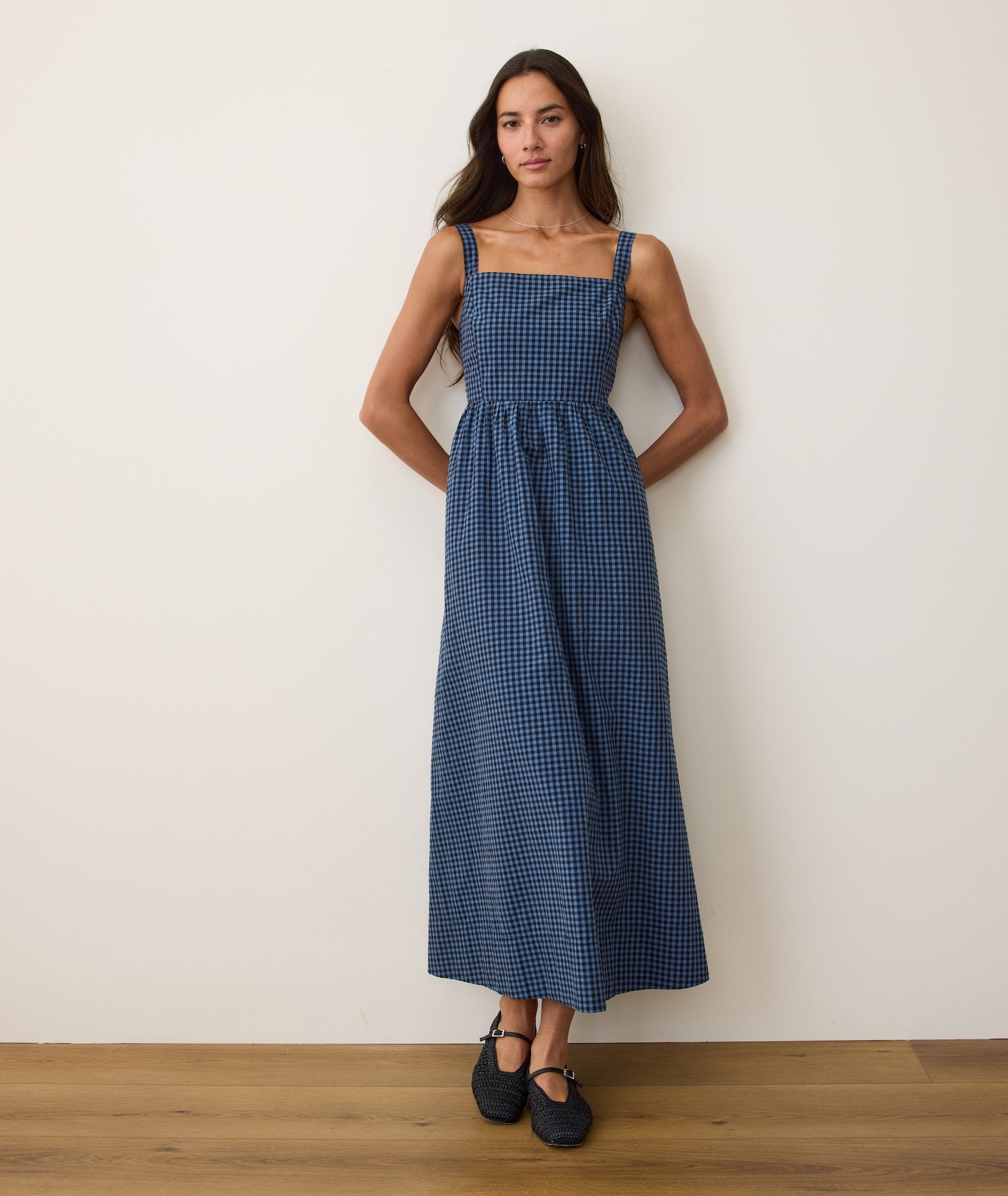 Woen's Dei Poplin iDi Dress | Blue Gingha | Medium by Marine Layer Woen's Dei Poplin iDi Dress | Blue Gingha | Medium by Marine Layer