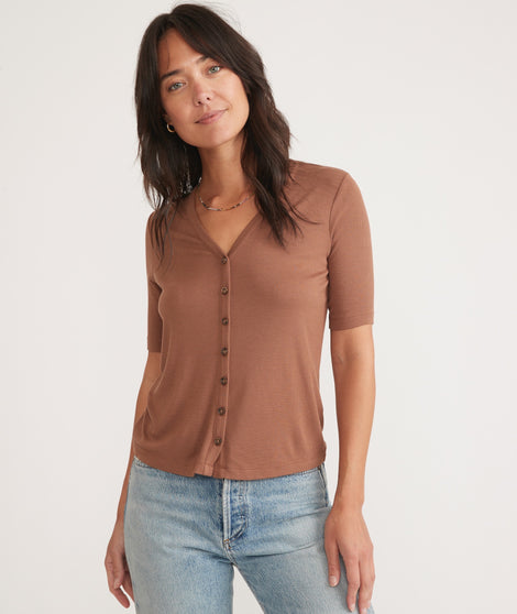 Lexi Rib Button Top in Cinnamon