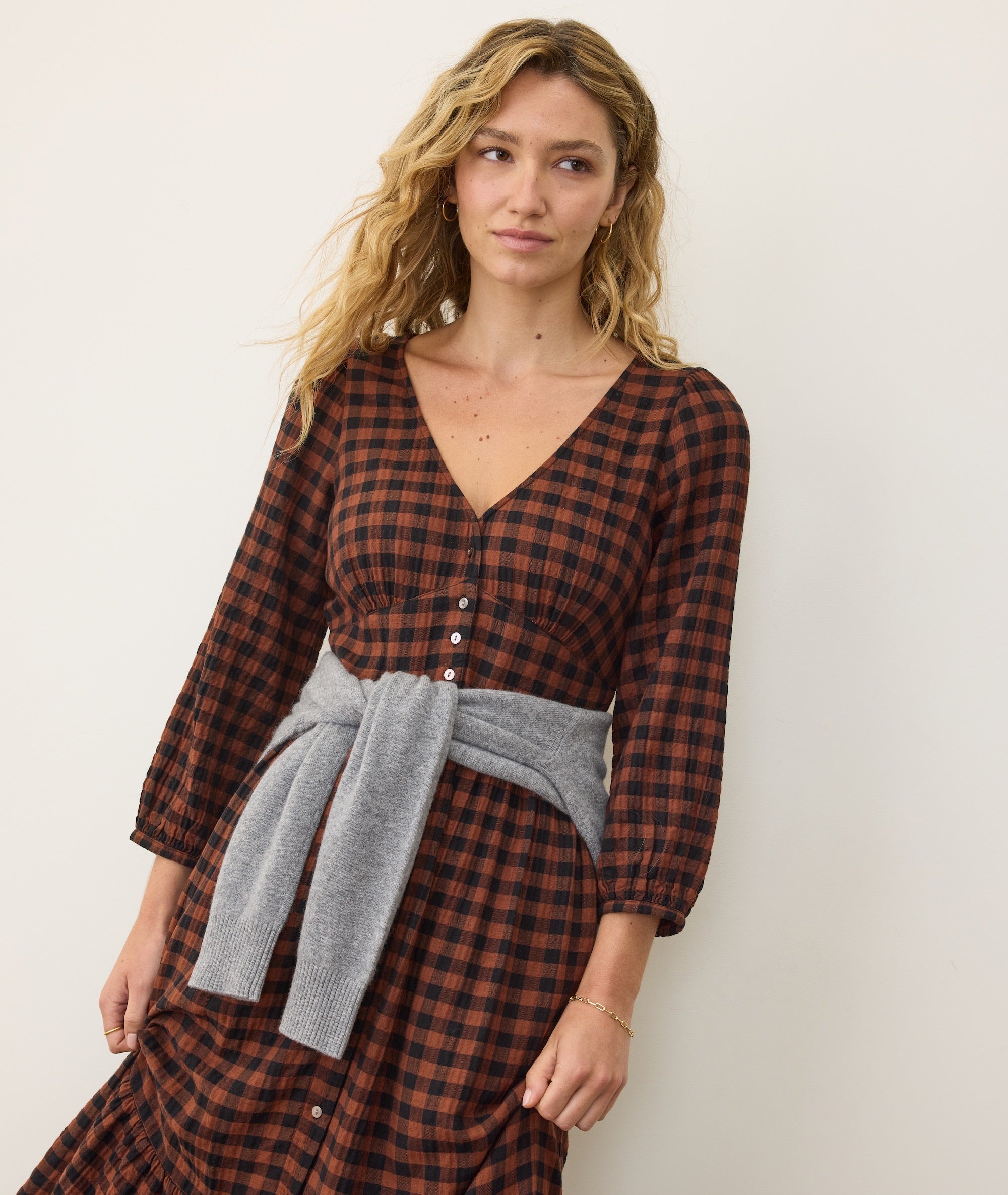 long sleeve gingham dress Maeve Midi Dress Espresso Gingham / M