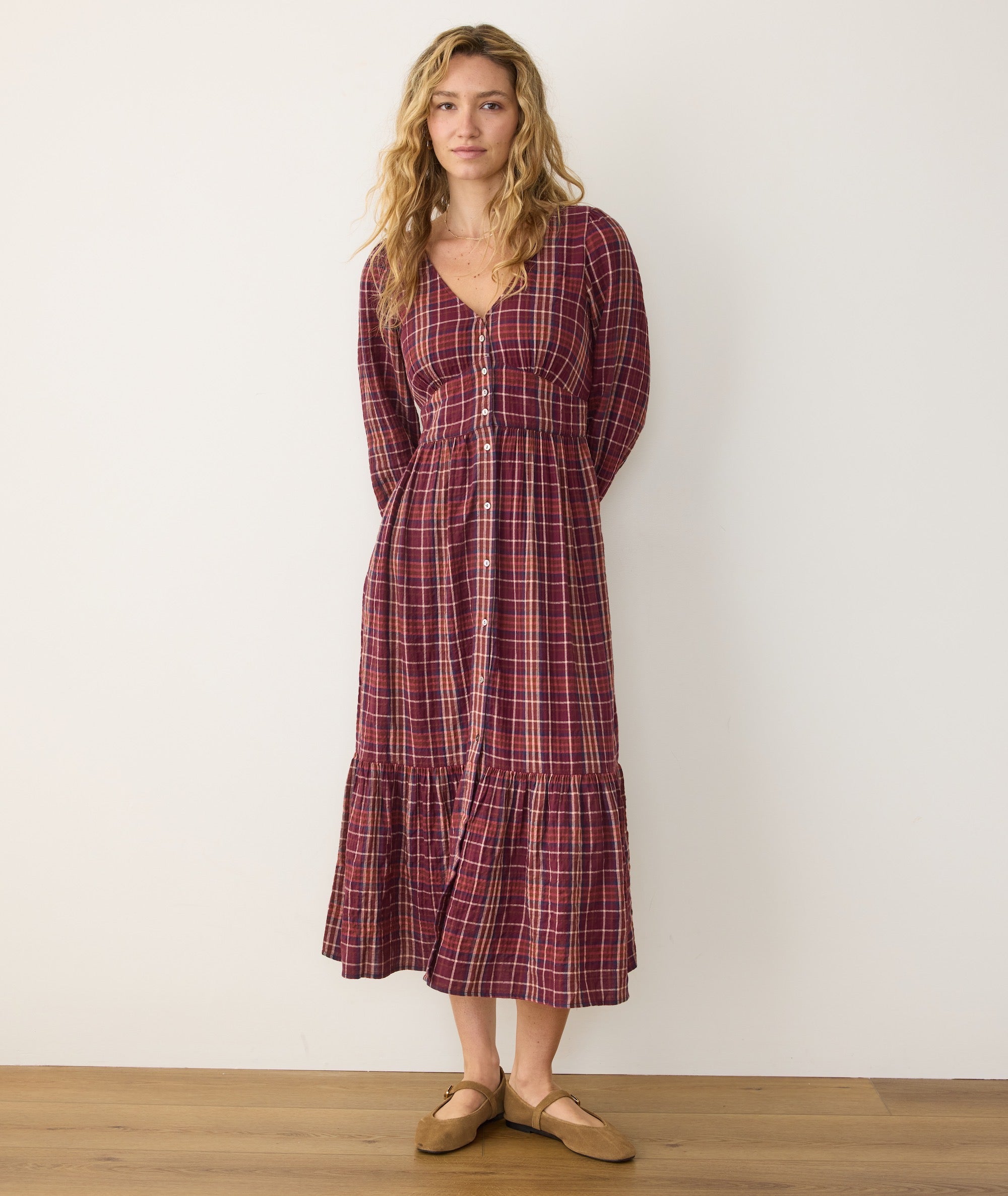 Women's Maeve Midi Dress | Merlot Plaid | Small by Marine Layer Women's Maeve Midi Dress | Merlot Plaid | Small by Marine Layer