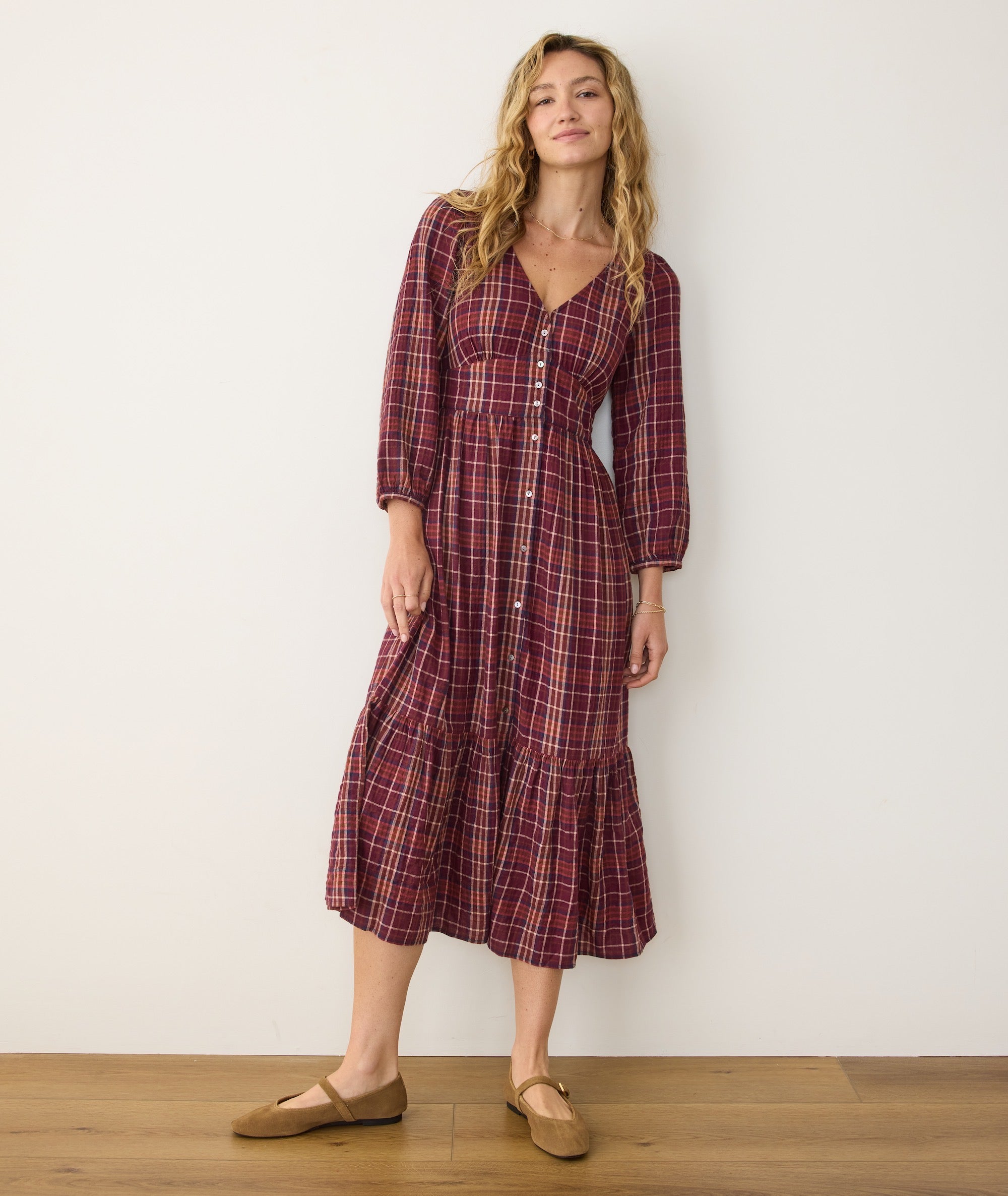 Women's Maeve Midi Dress | Merlot Plaid | Small by Marine Layer Women's Maeve Midi Dress | Merlot Plaid | Small by Marine Layer