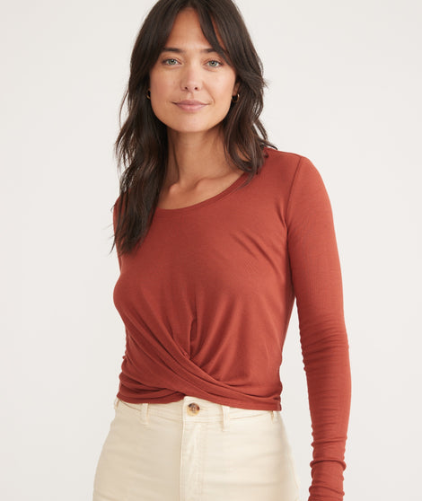 Long Sleeve Lexi Rib Twist Front Top in Burnt Henna
