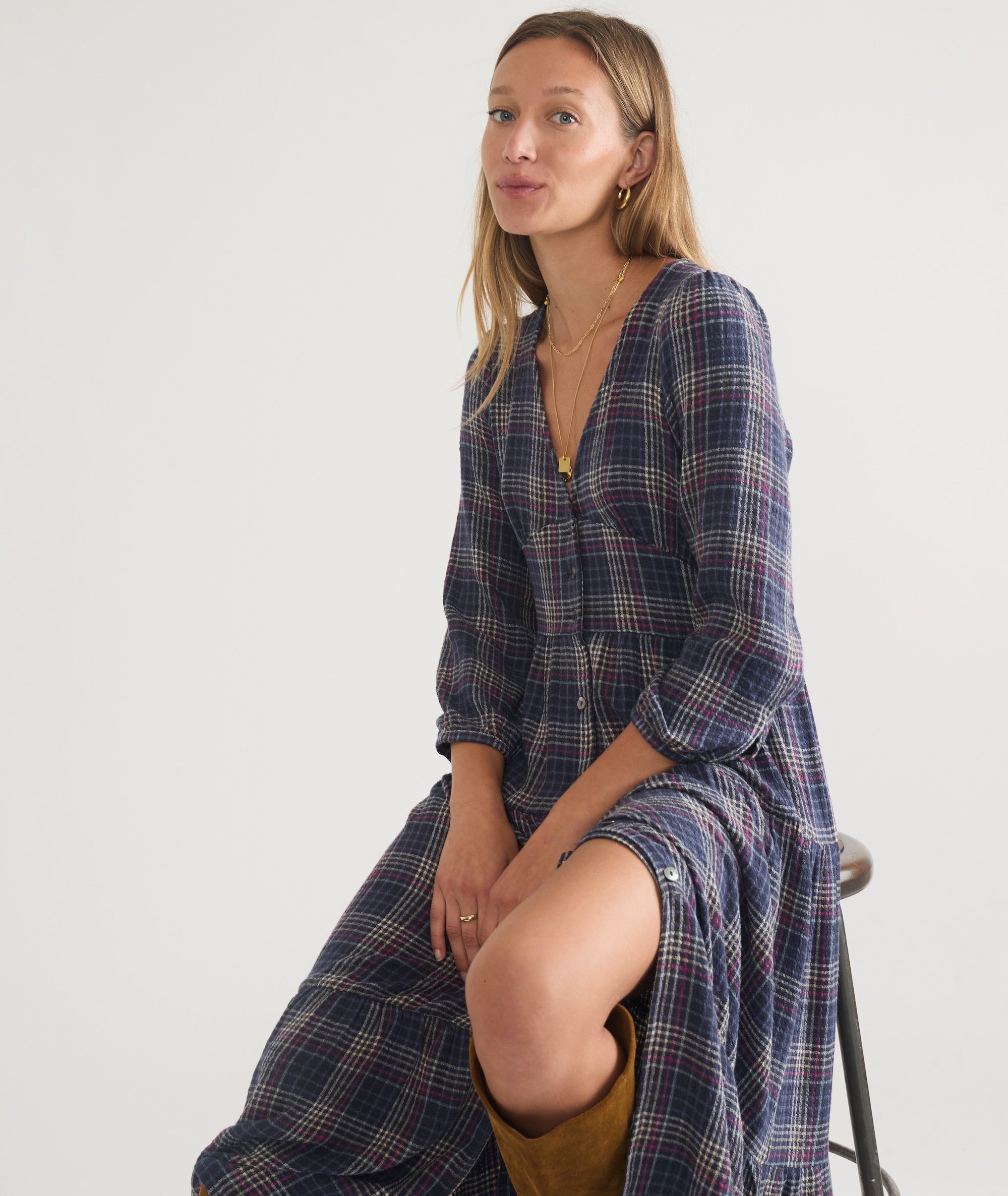 Long Sleeve Blue Plaid Dress Burberry Brit Marie Women's Mulberry