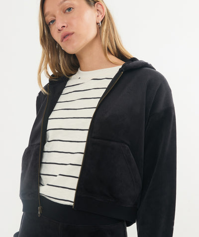 Cord Velour Cropped Zip Up Hoodie