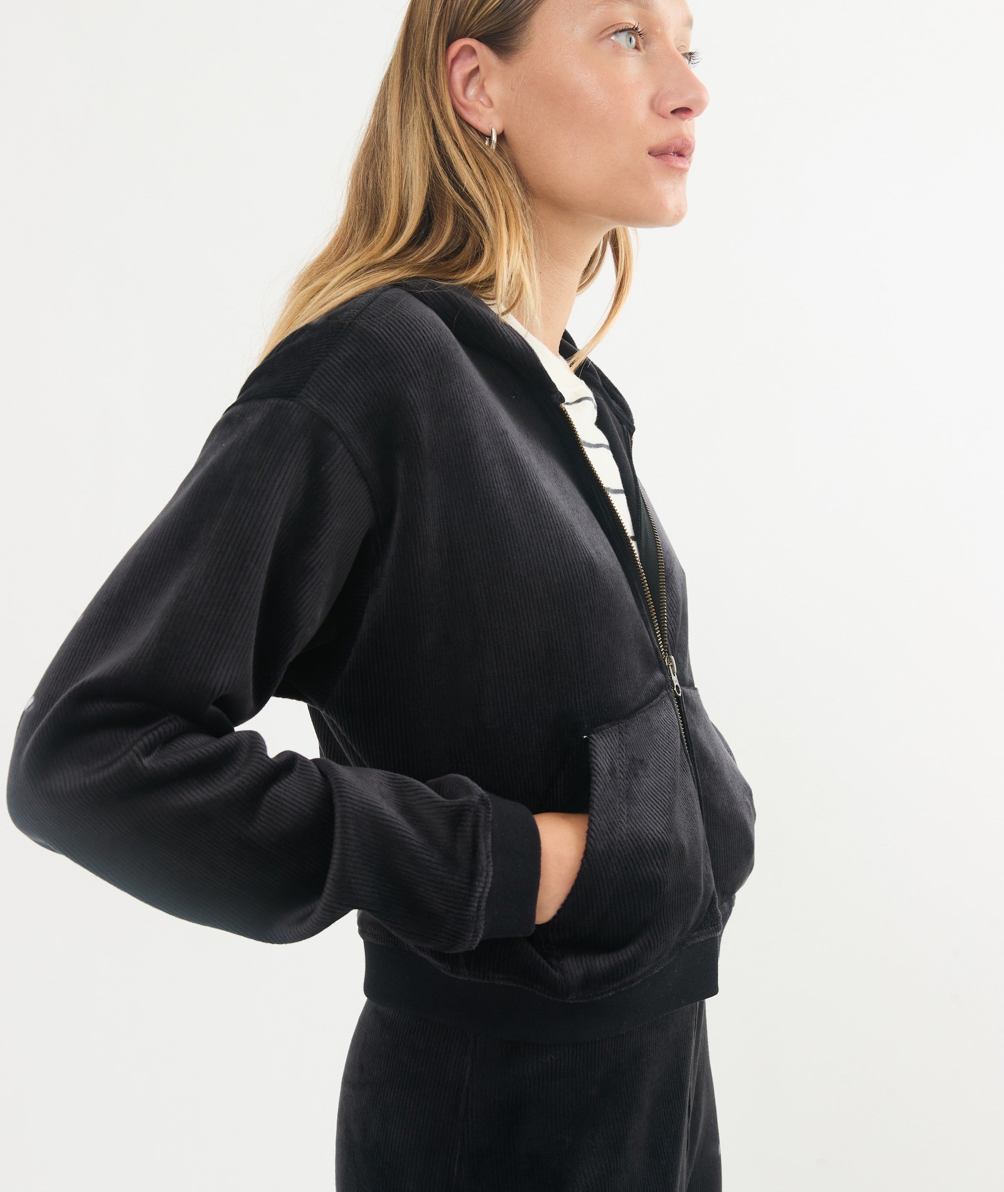 Cord Velour Cropped Zip Up Hoodie