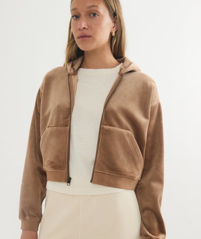 Cord Velour Cropped Zip Up Hoodie