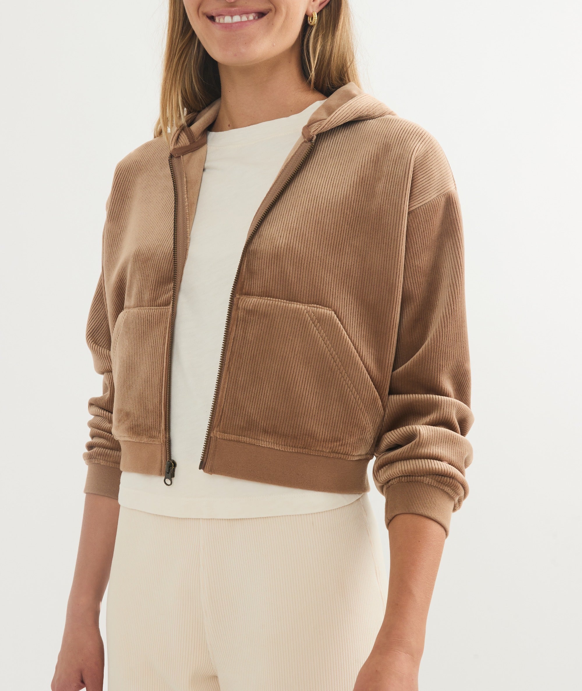 Cord Velour Cropped Zip Up Hoodie