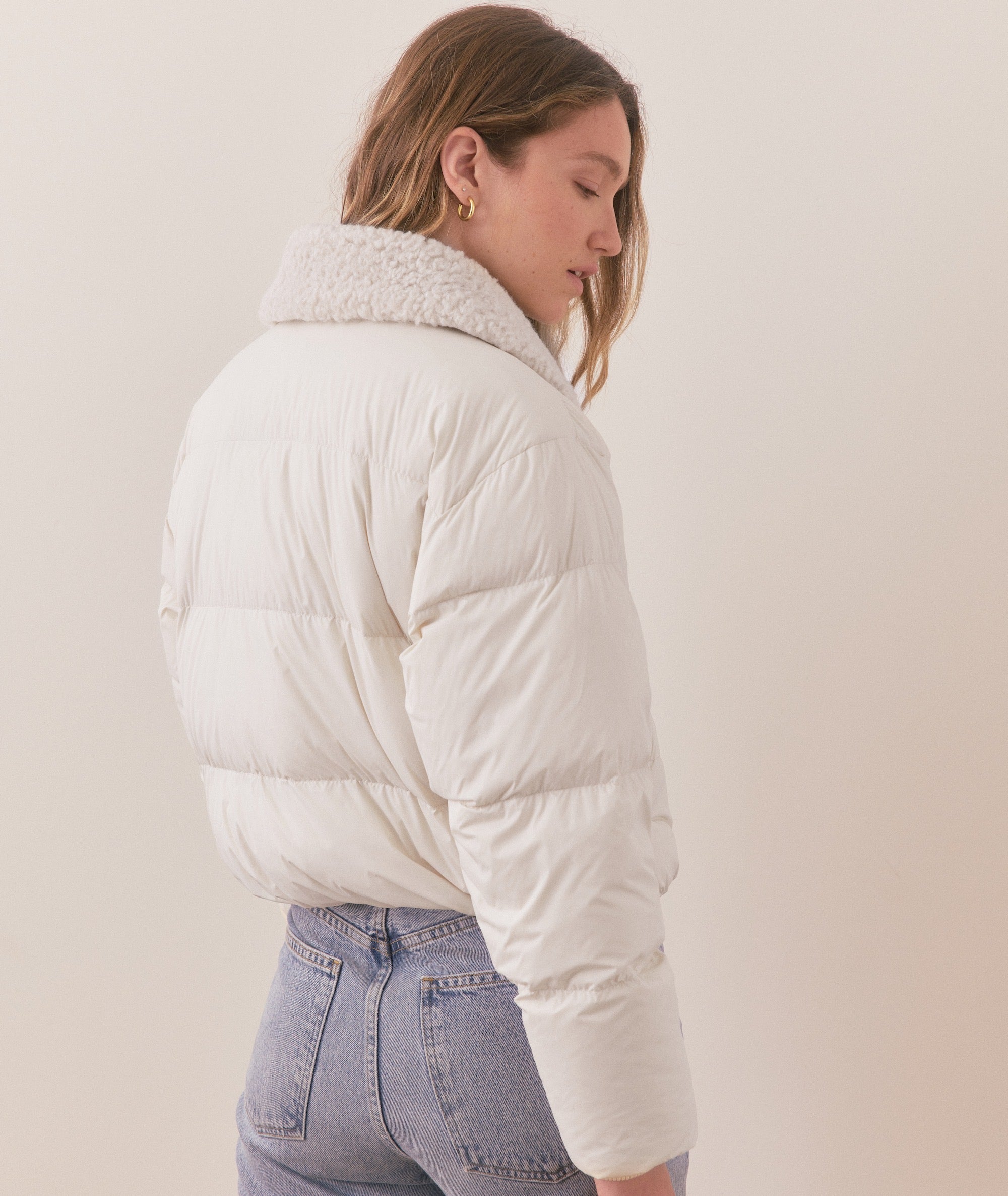 White Cropped Puffer Jacket Heavy Padded Cream Cropped Puffer
