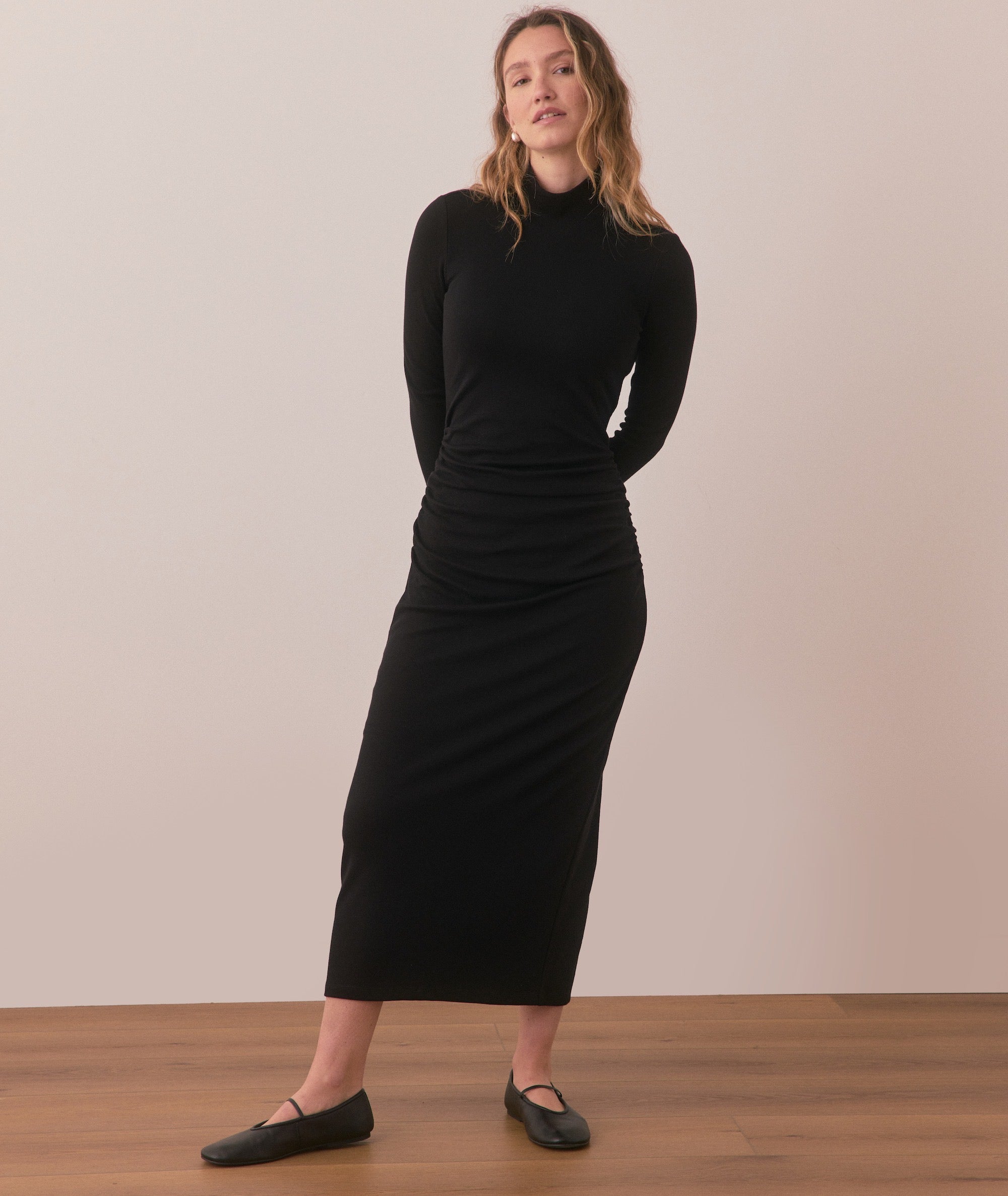 Women's Lexi Rib Ruched Turtleneck Dress | Black | Small by Marine Layer Women's Lexi Rib Ruched Turtleneck Dress | Black | Small by Marine Layer