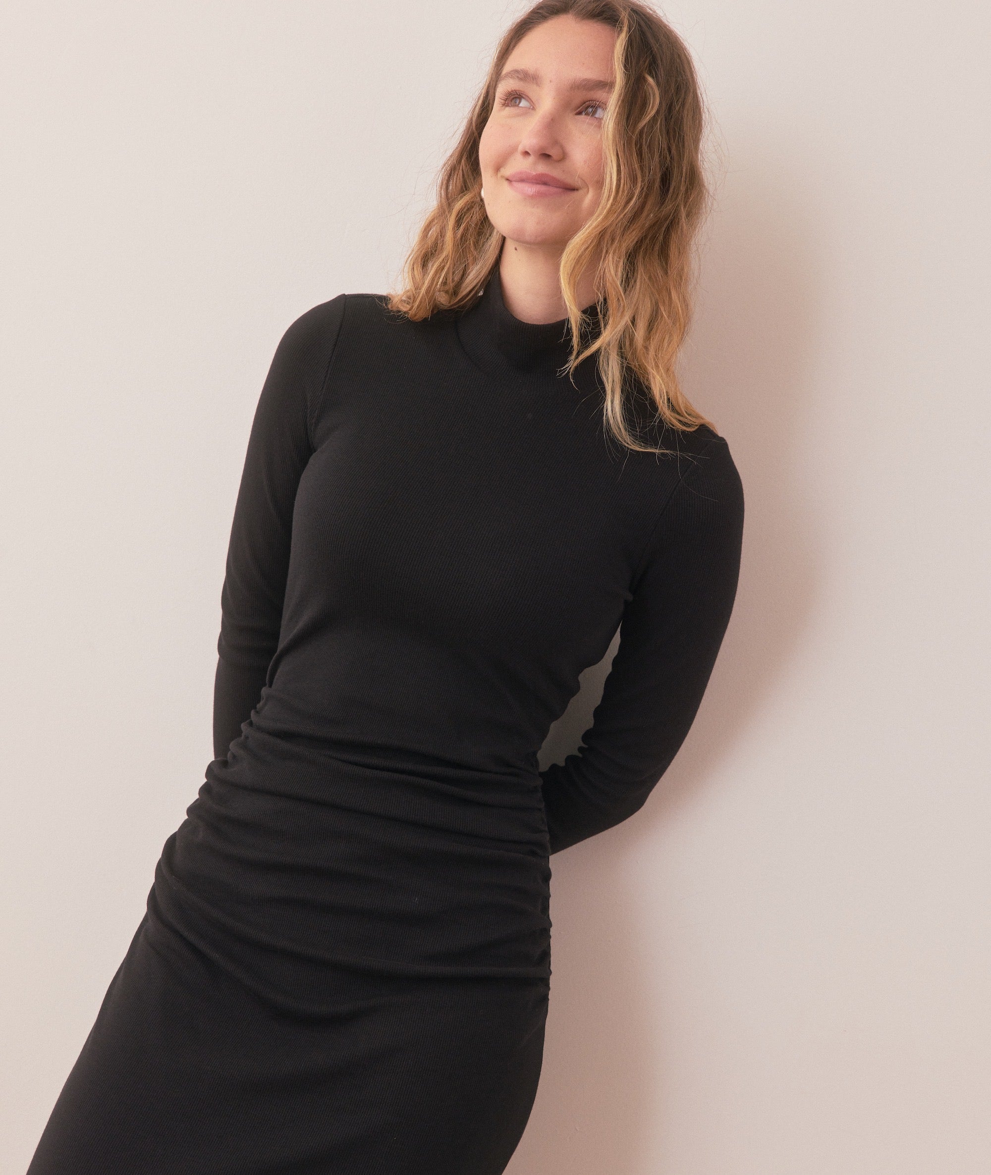 Women's Lexi Rib Ruched Turtleneck Dress | Black | Small by Marine Layer Women's Lexi Rib Ruched Turtleneck Dress | Black | Small by Marine Layer