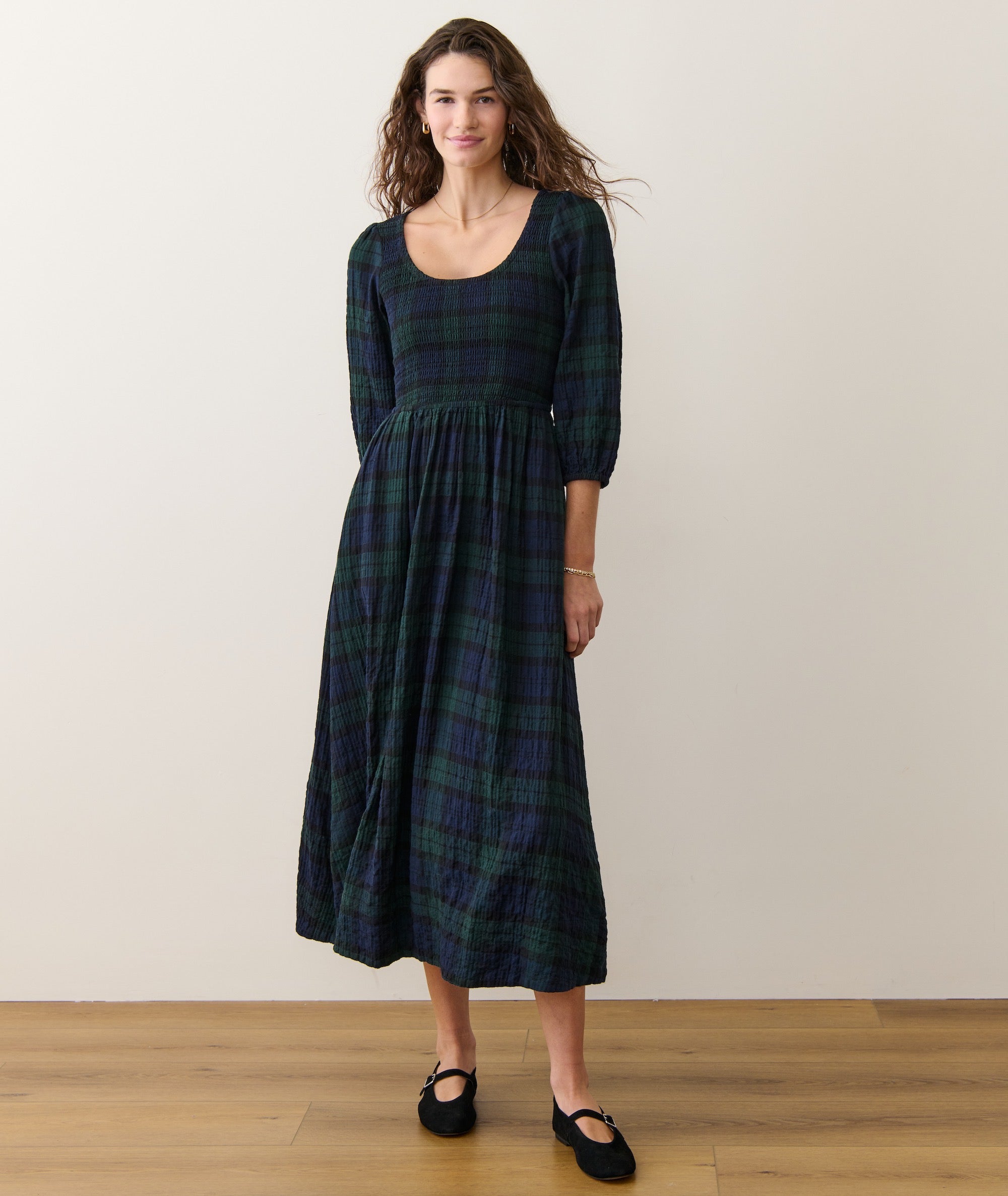 Women's Mari Smocked Dress | Evergreen Plaid | Medium by Marine Layer Women's Mari Smocked Dress | Evergreen Plaid | Medium by Marine Layer