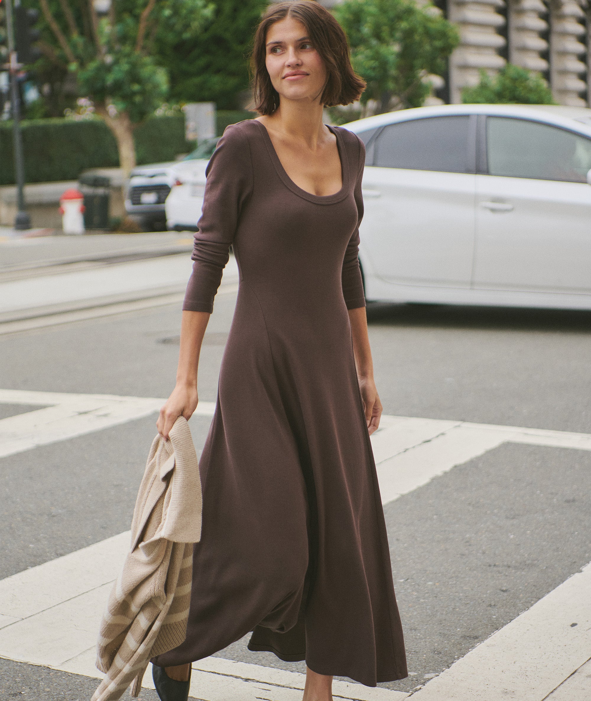 Women's Lexi Rib Fit & Flare Dress | Coffee Bean | Large by Marine Layer Women's Lexi Rib Fit & Flare Dress | Coffee Bean | Large by Marine Layer