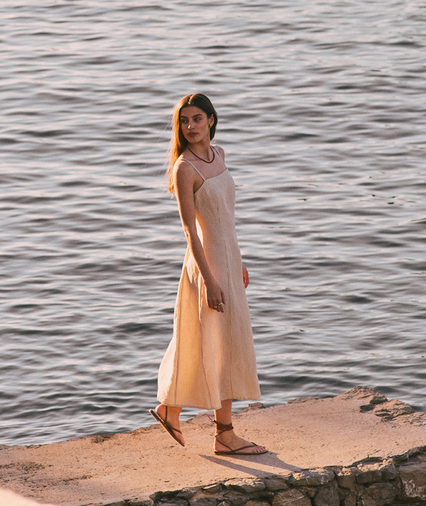 Women's Lucia Linen Dress | Sand Stripe | Small by Marine Layer Women's Lucia Linen Dress | Sand Stripe | Small by Marine Layer