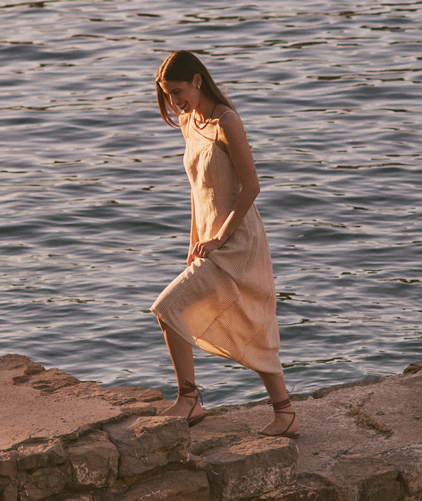 Women's Lucia Linen Dress | Sand Stripe | Small by Marine Layer Women's Lucia Linen Dress | Sand Stripe | Small by Marine Layer