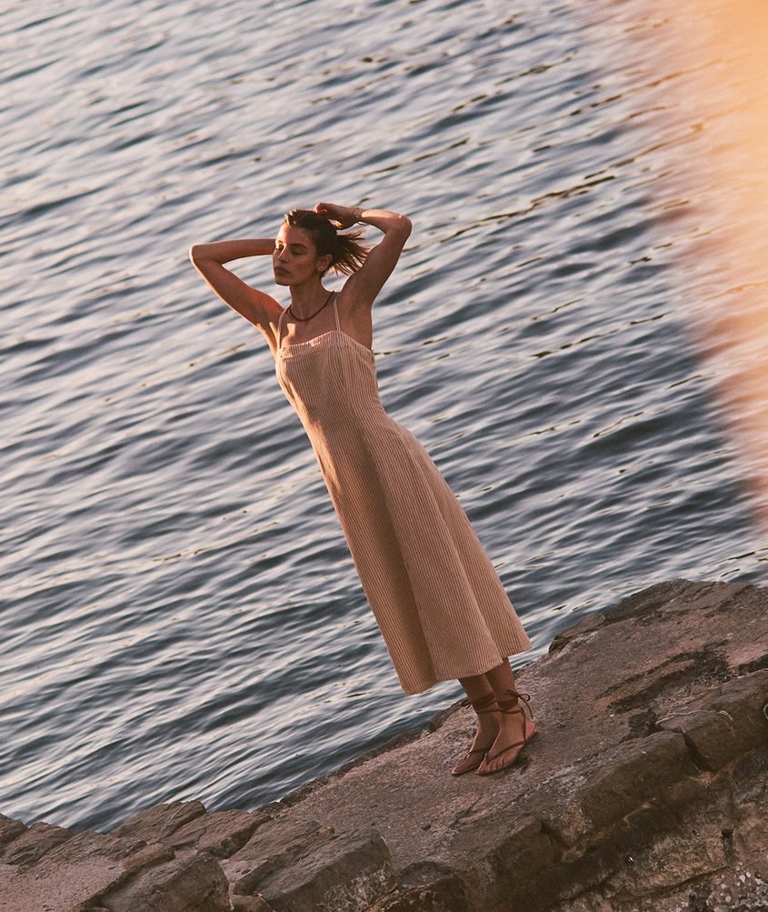 Women's Lucia Linen Dress | Sand Stripe | Small by Marine Layer Women's Lucia Linen Dress | Sand Stripe | Small by Marine Layer