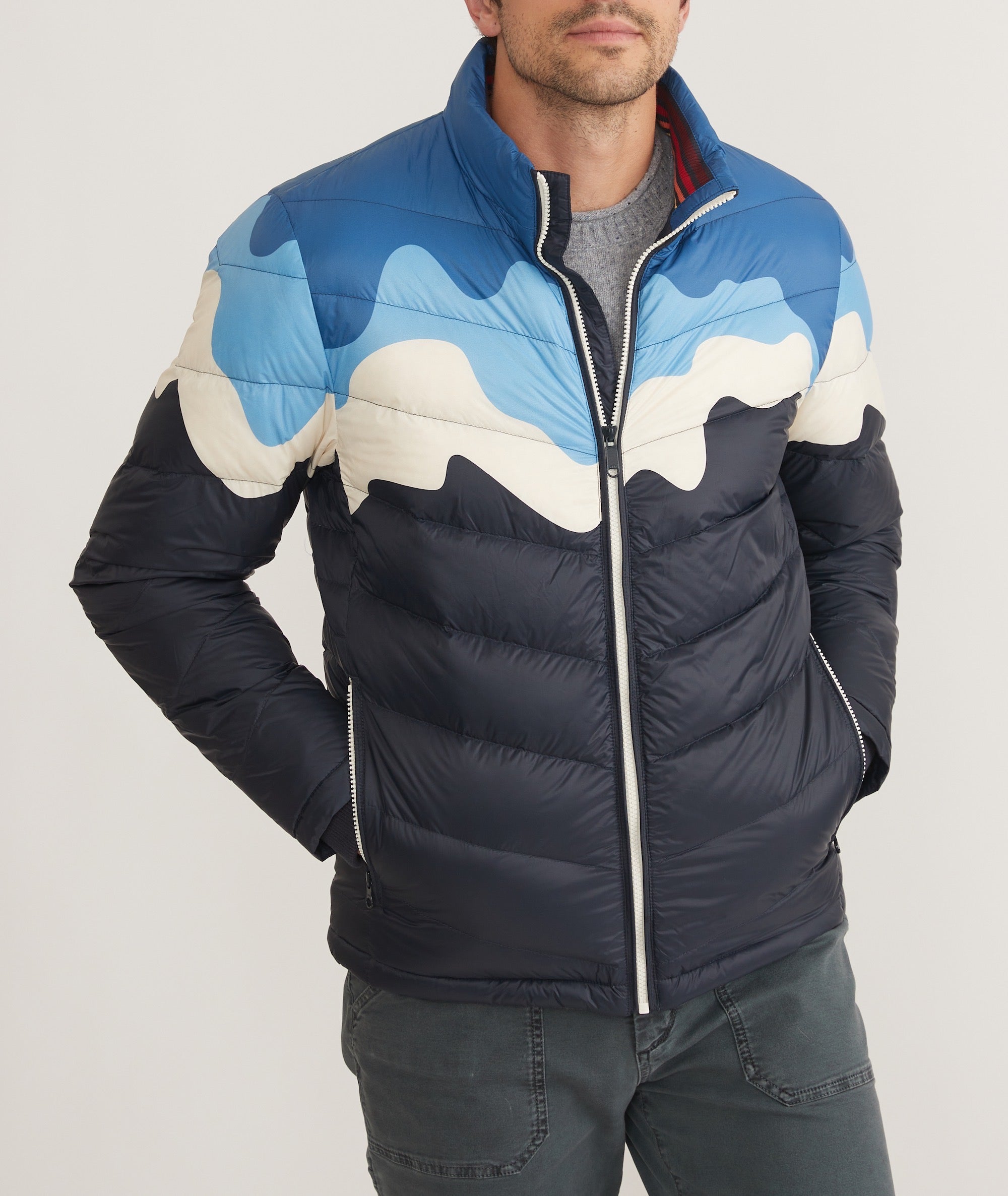 Blue and cheap white puffer jacket