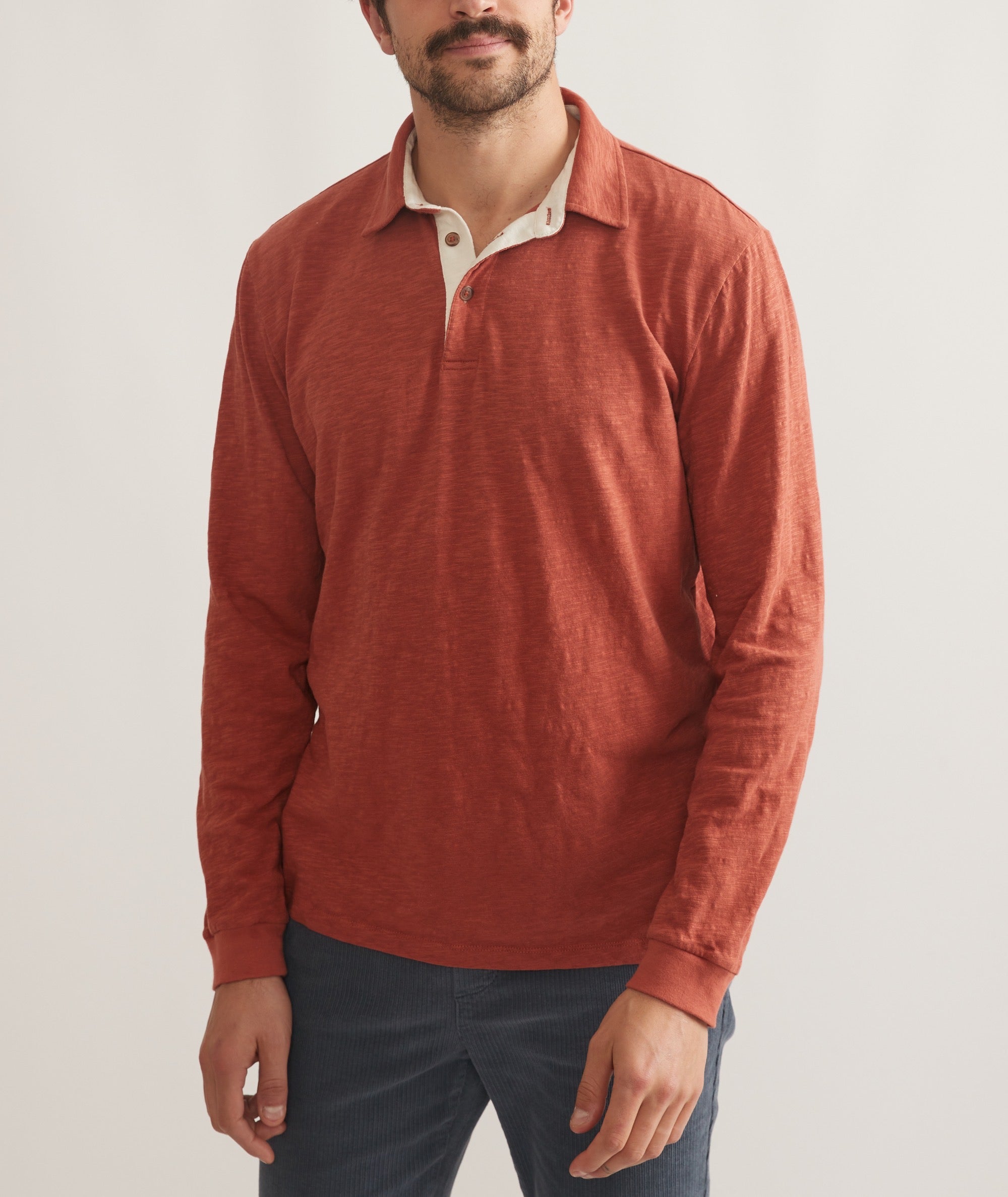 Men s Vintage Heavy Slub Rugby Polo Top Etruscan Red Large by Marine Layer