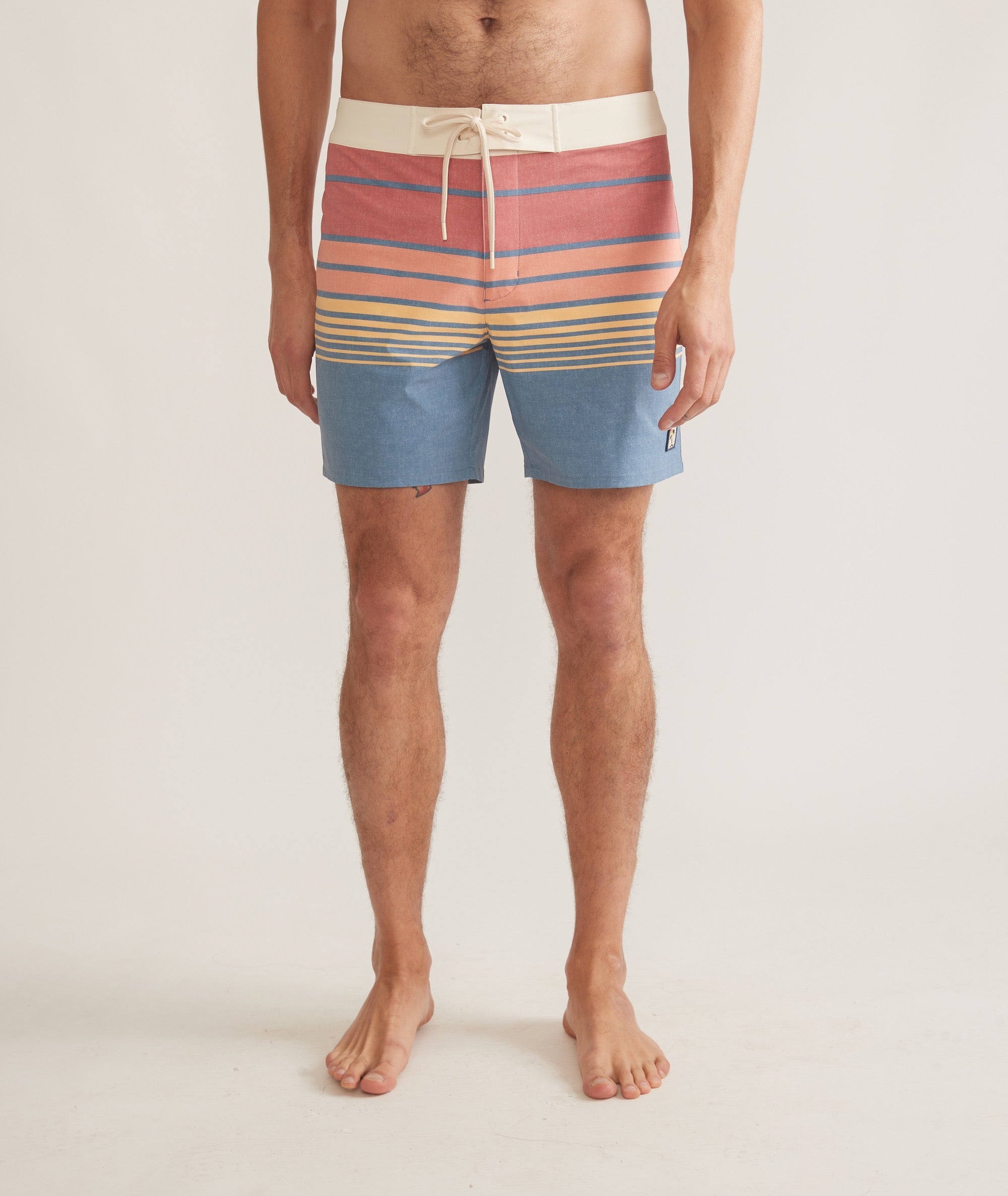 Men s 7 Mechanical Stretch Board Short Blue Warm Sunset Stripe 34 by Marine Layer
