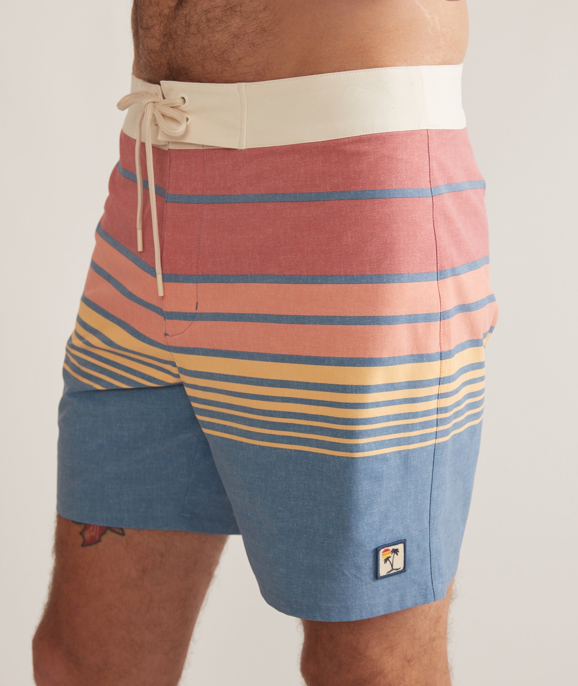Men s 7 Mechanical Stretch Board Short Blue Warm Sunset Stripe 34 by Marine Layer