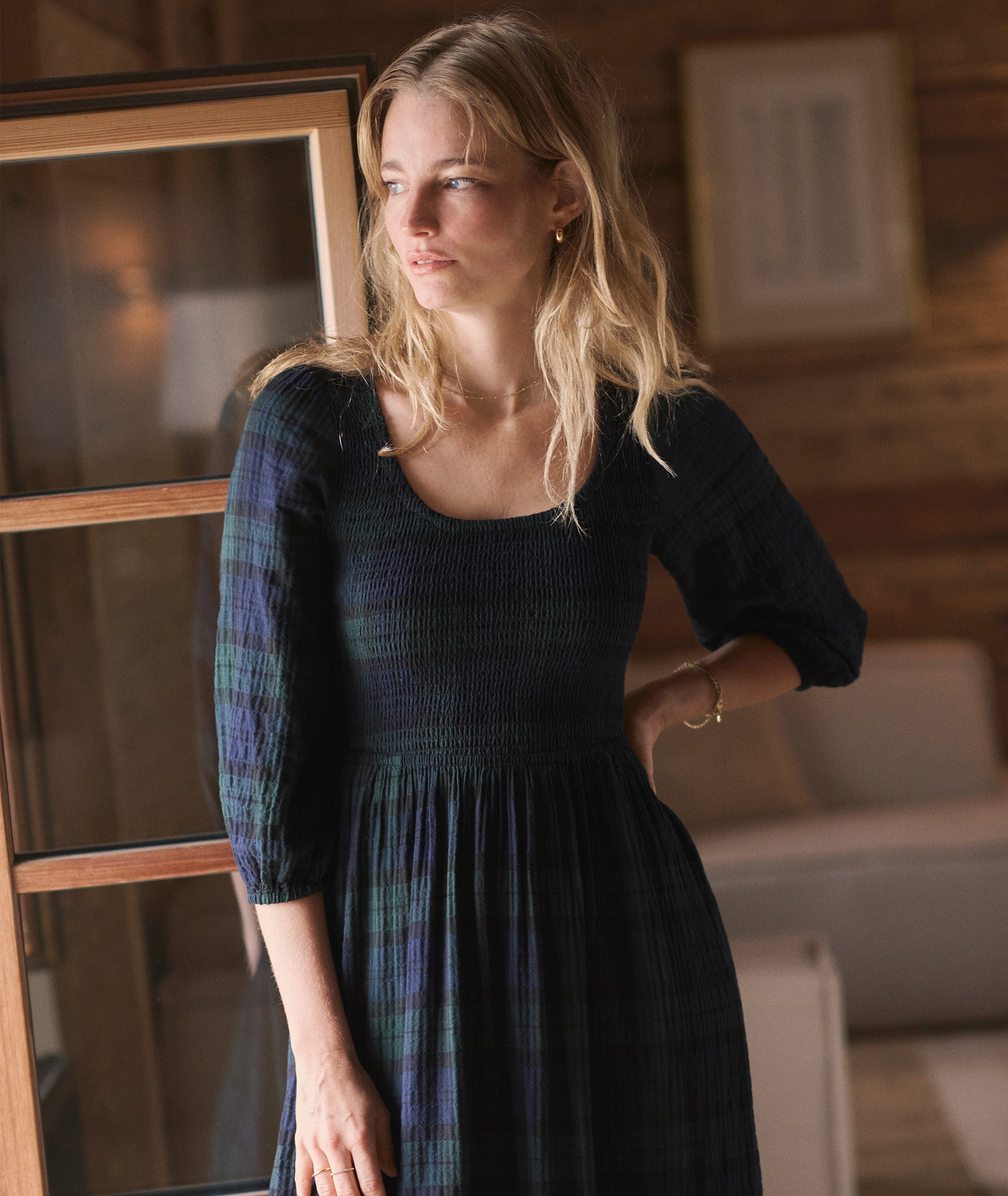 Women's Mari Smocked Dress | Evergreen Plaid | Medium by Marine Layer Women's Mari Smocked Dress | Evergreen Plaid | Medium by Marine Layer