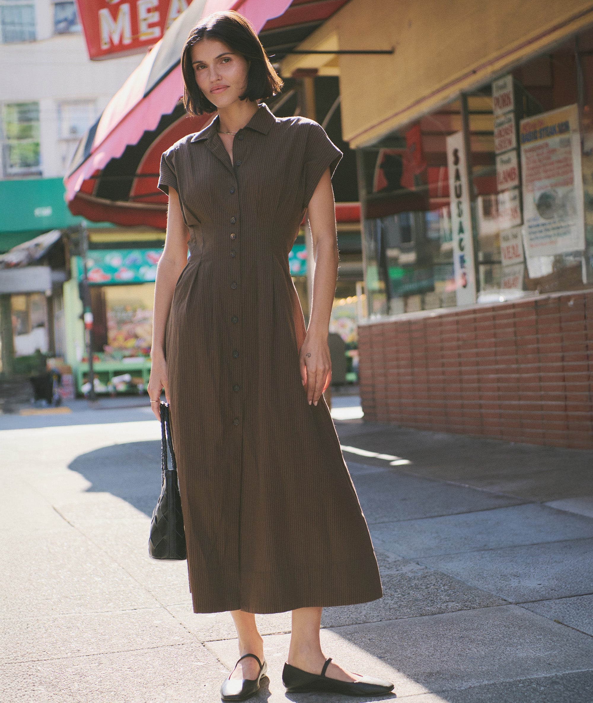 Women's Arden Midi Shirt Dress | Brown/black Pinstripe | XL by Marine Layer Women's Arden Midi Shirt Dress | Brown/black Pinstripe | XL by Marine Layer