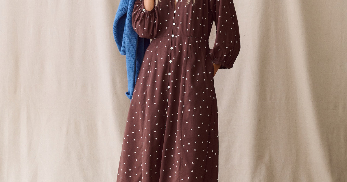 long sleeve polka dot dress Women's Willow Maxi | Chocolate Sara Ali Khan Looked My Pampered Life Seattle playful fluted sleeves Fabrics:Anka embroidery and silk Wrap