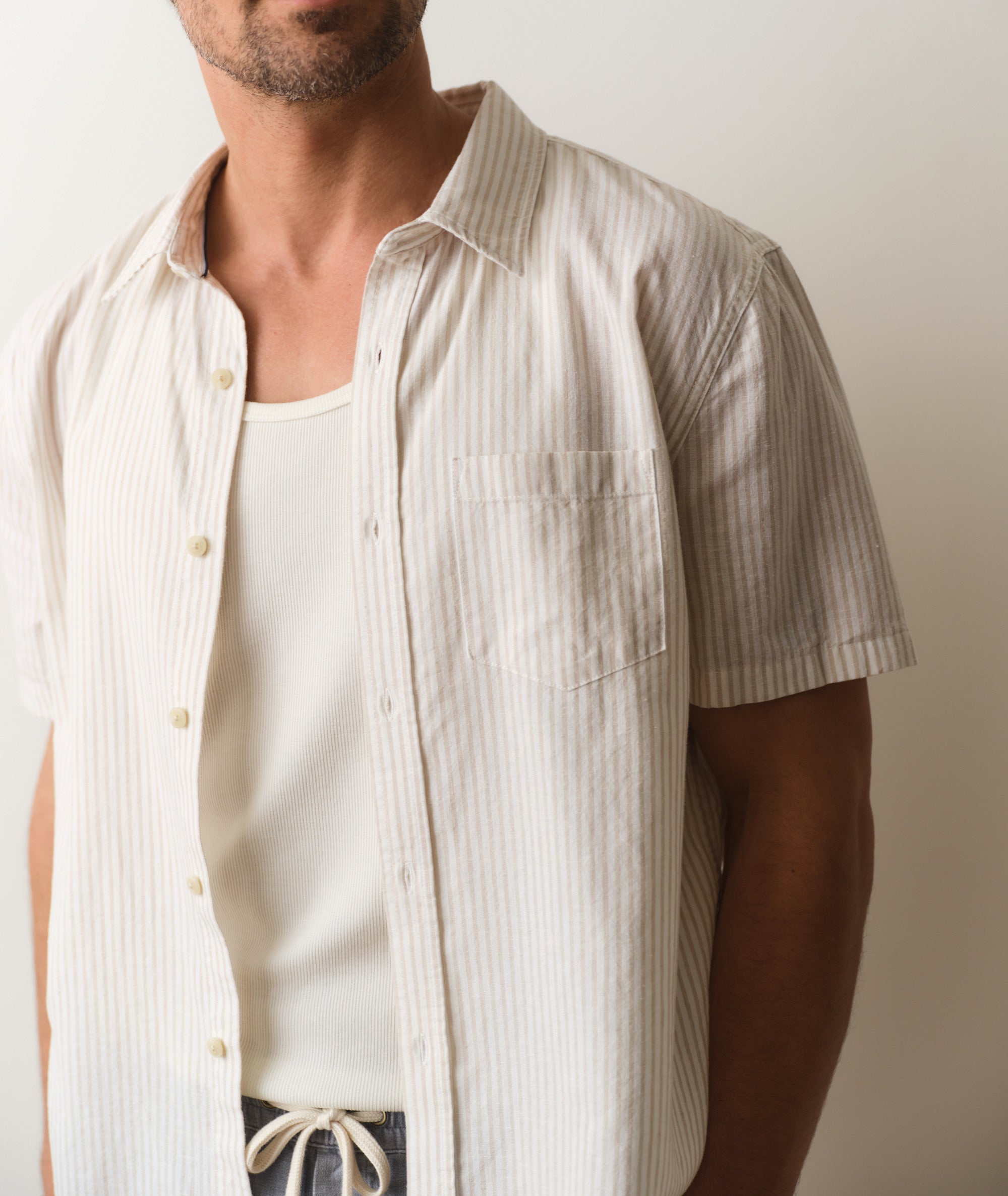 Marine Layer Better Than Linen Men Shirt in Cream - Tan & White Stripe Marine Layer Better Than Linen Men Shirt in Cream - Tan & White Stripe