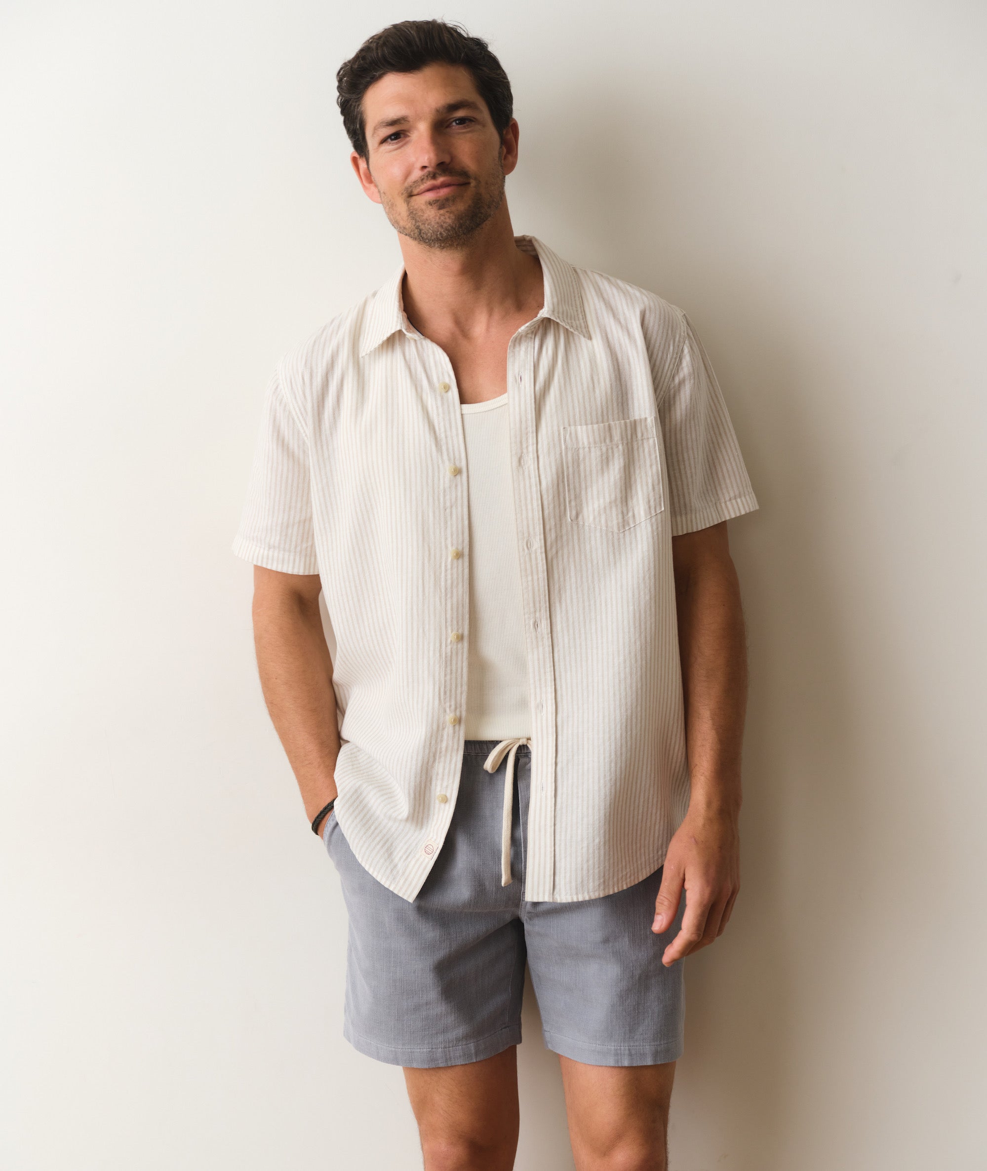 Marine Layer Better Than Linen Men Shirt in Cream - Tan & White Stripe Marine Layer Better Than Linen Men Shirt in Cream - Tan & White Stripe