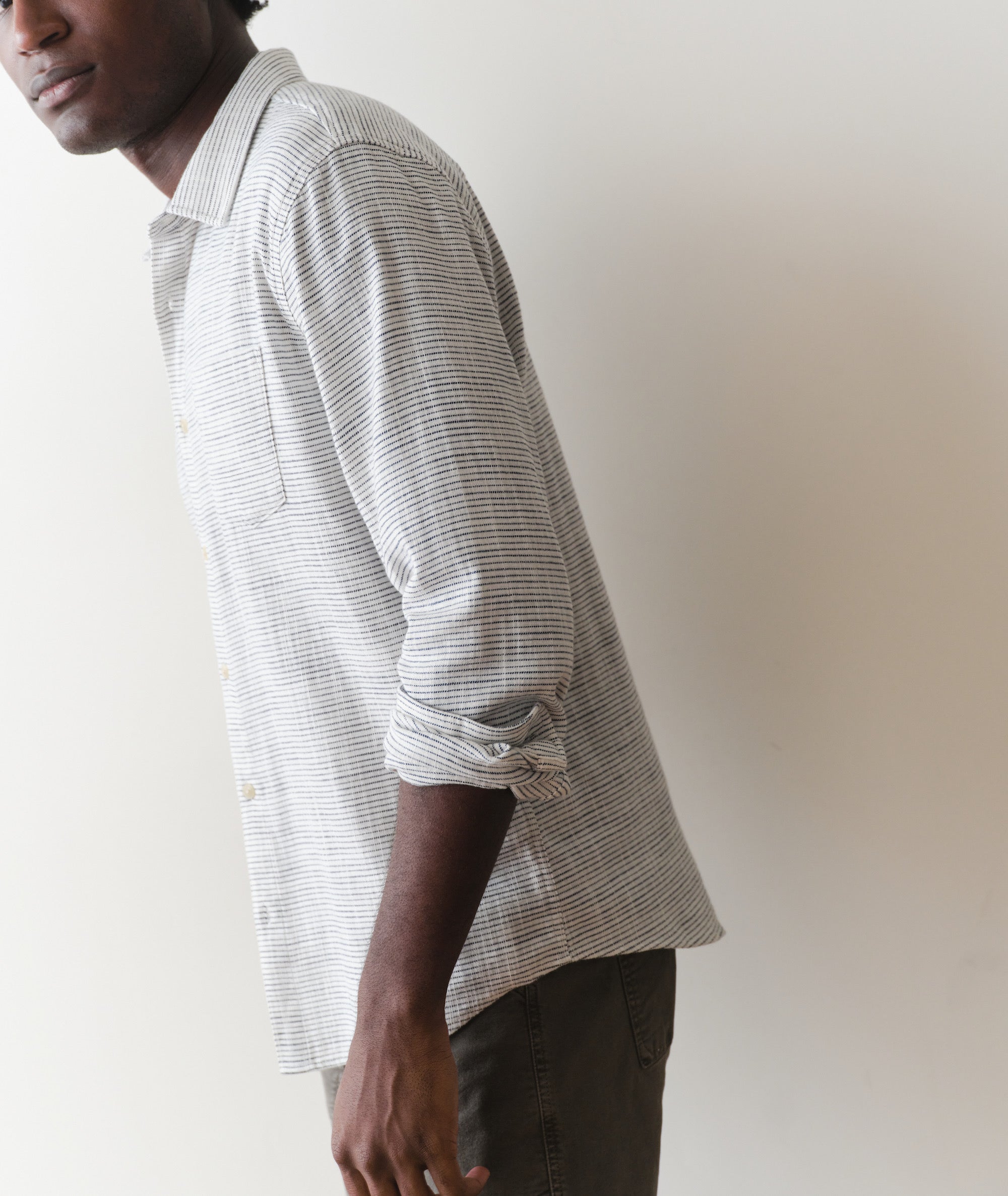 Marine Layer Classic Stretch Selvage Long Sleeve Shirt - Natural/Black Stripe XL Marine Layer Classic Stretch Selvage Long Sleeve Shirt - Natural/Black Stripe XL