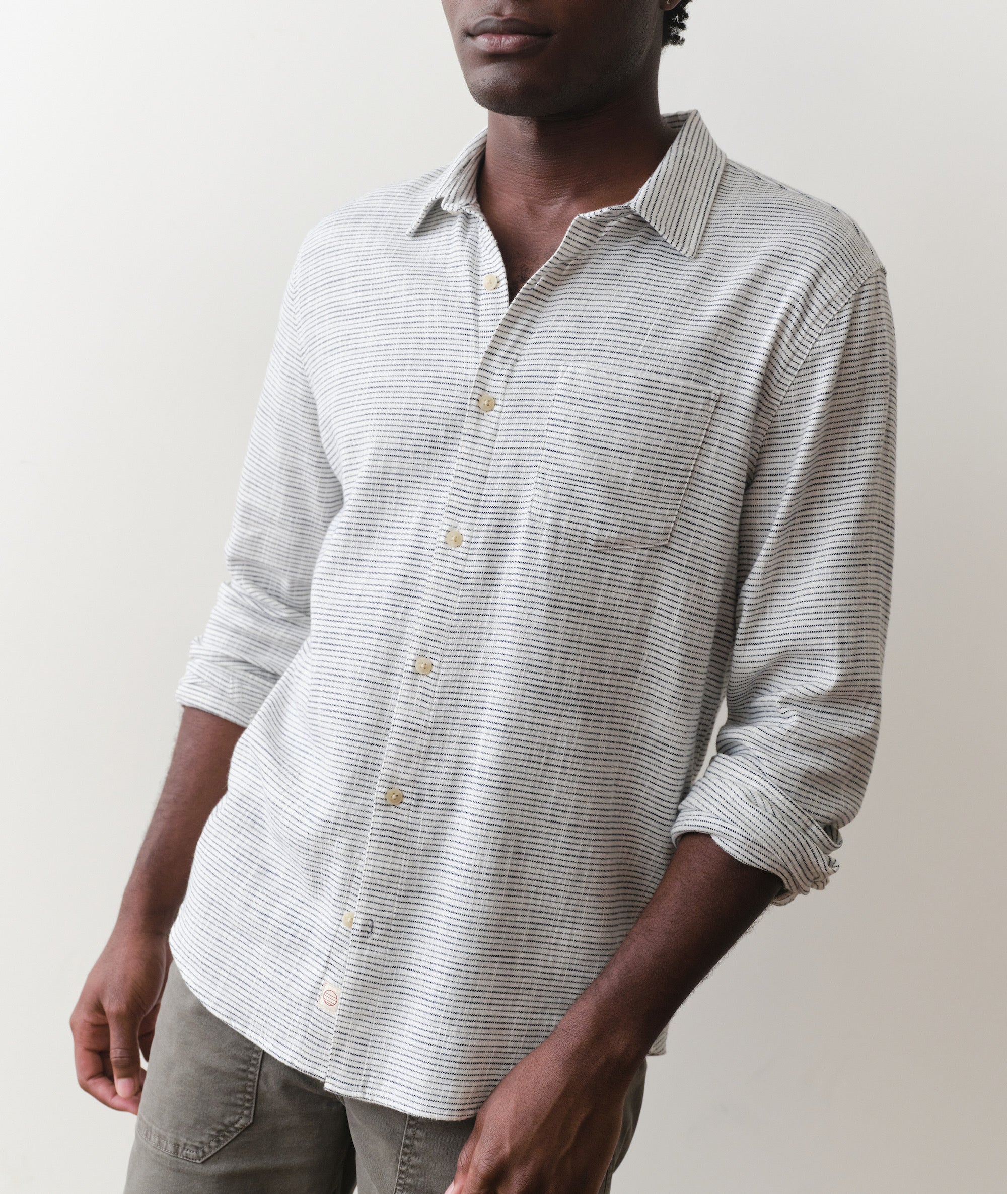 Marine Layer Classic Stretch Selvage Long Sleeve Shirt - Natural/Black Stripe XL Marine Layer Classic Stretch Selvage Long Sleeve Shirt - Natural/Black Stripe XL