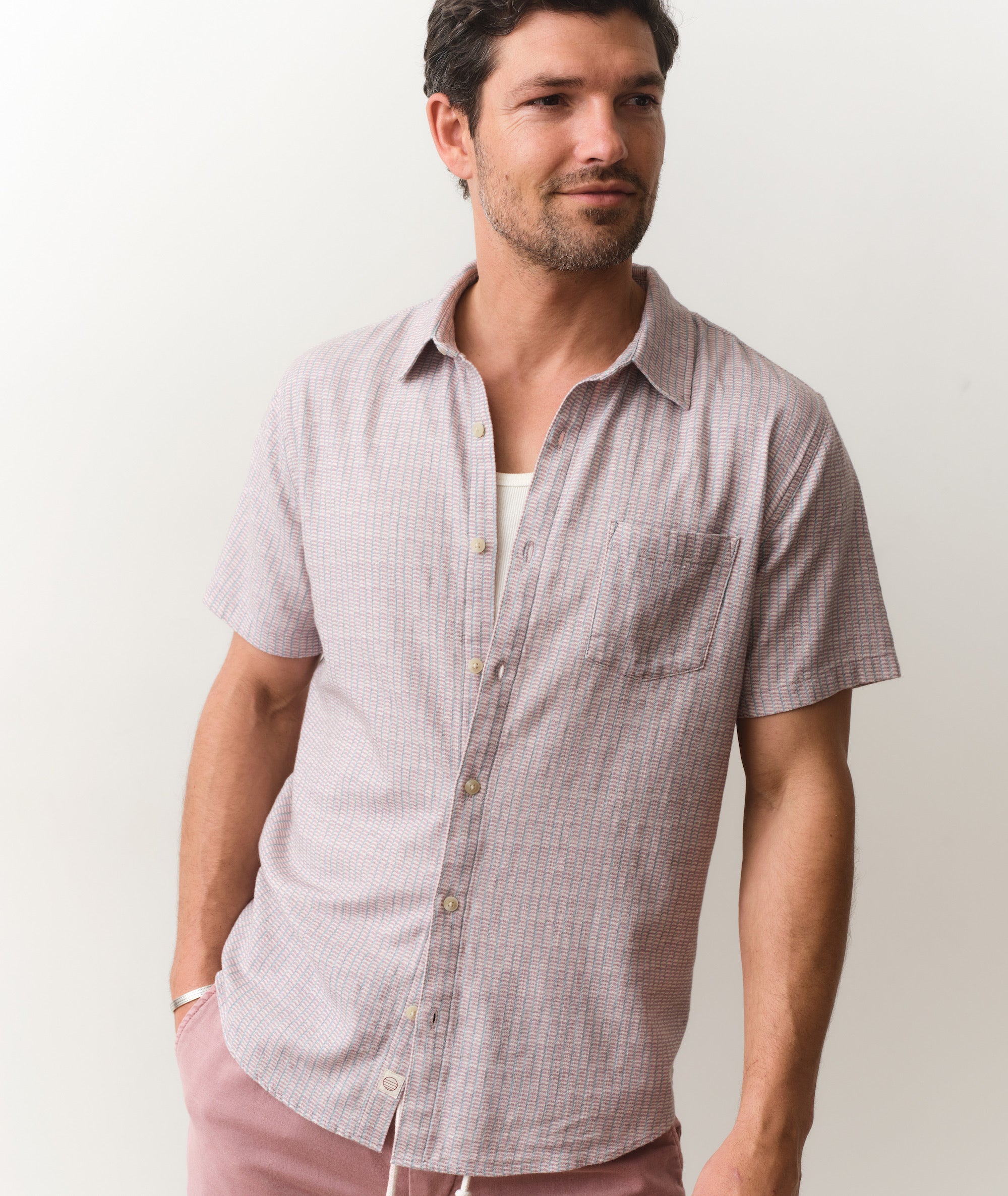 Marine Layer Classic Stretch Selvage Shirt Purple Matchstick Print / 2XL