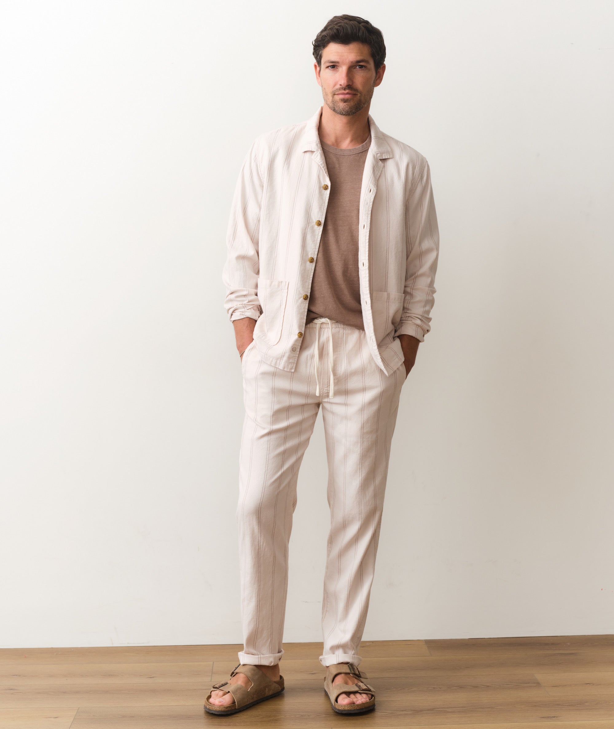 Marine Layer Mens Saturday Hemp Beach Pant in Natural/Brown Stripe (Natural/Brown Stripe, Large)