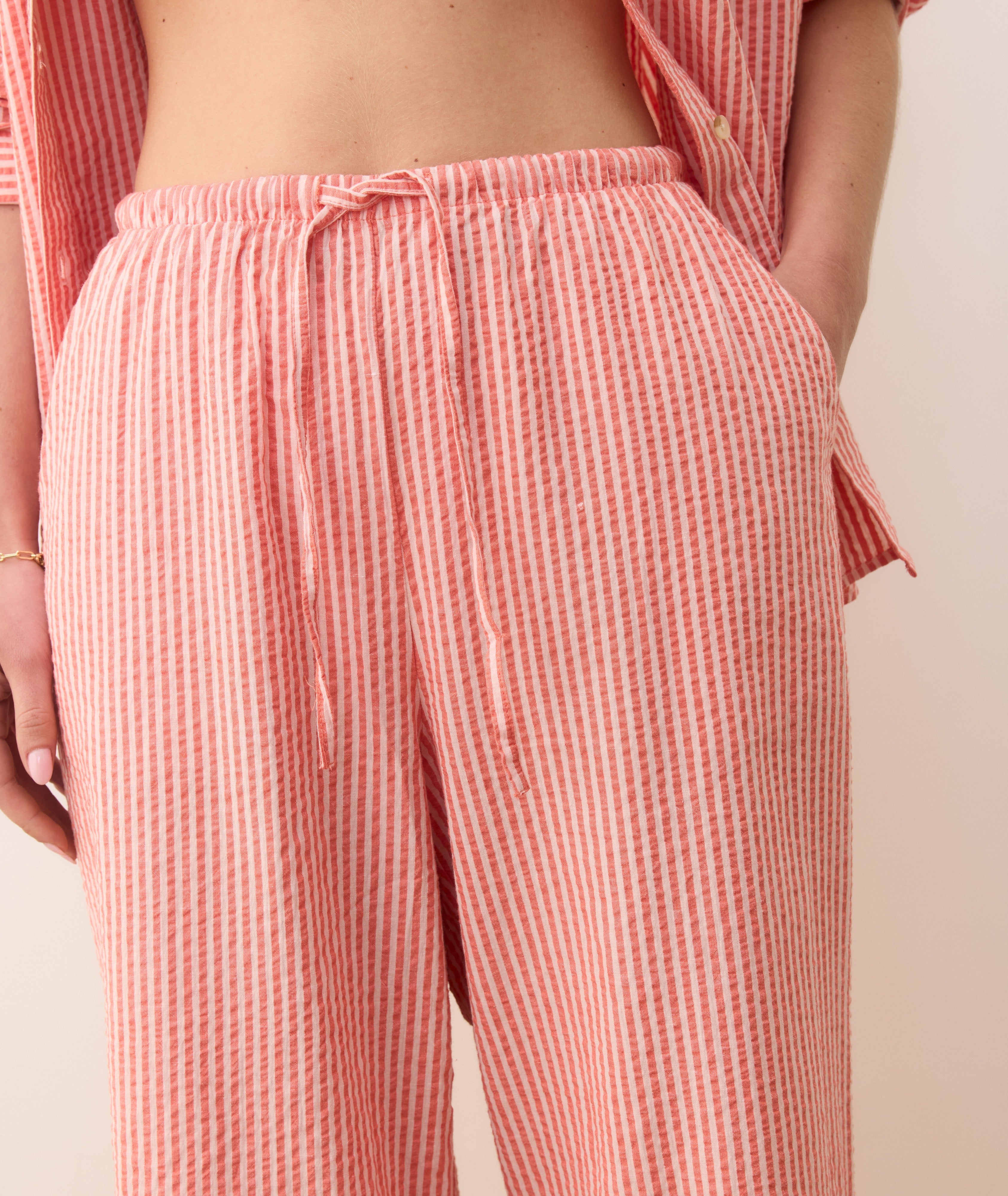 Seersucker Drawstring Wide Leg Pant