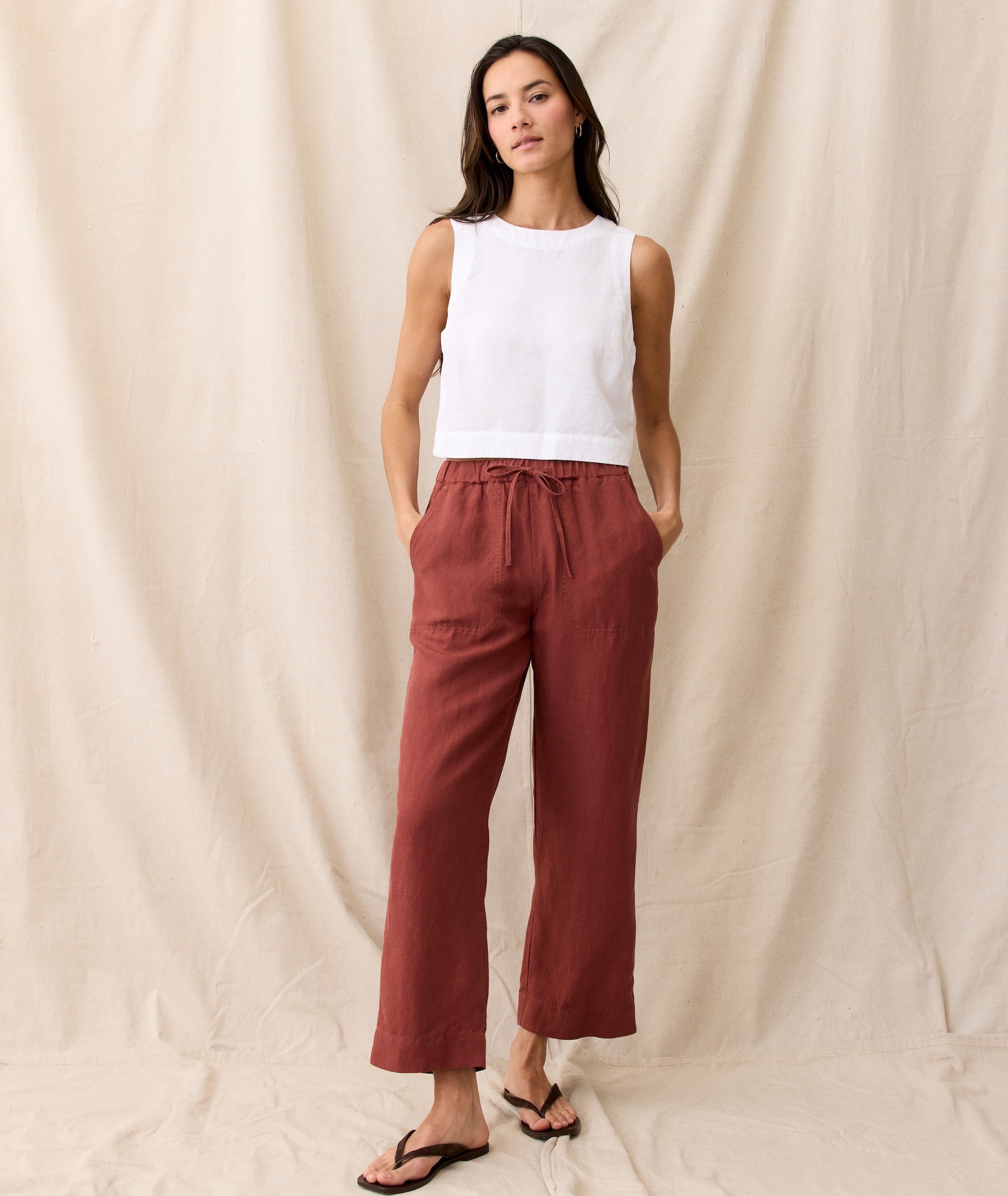 Linen Drawstring Straight Leg Pant