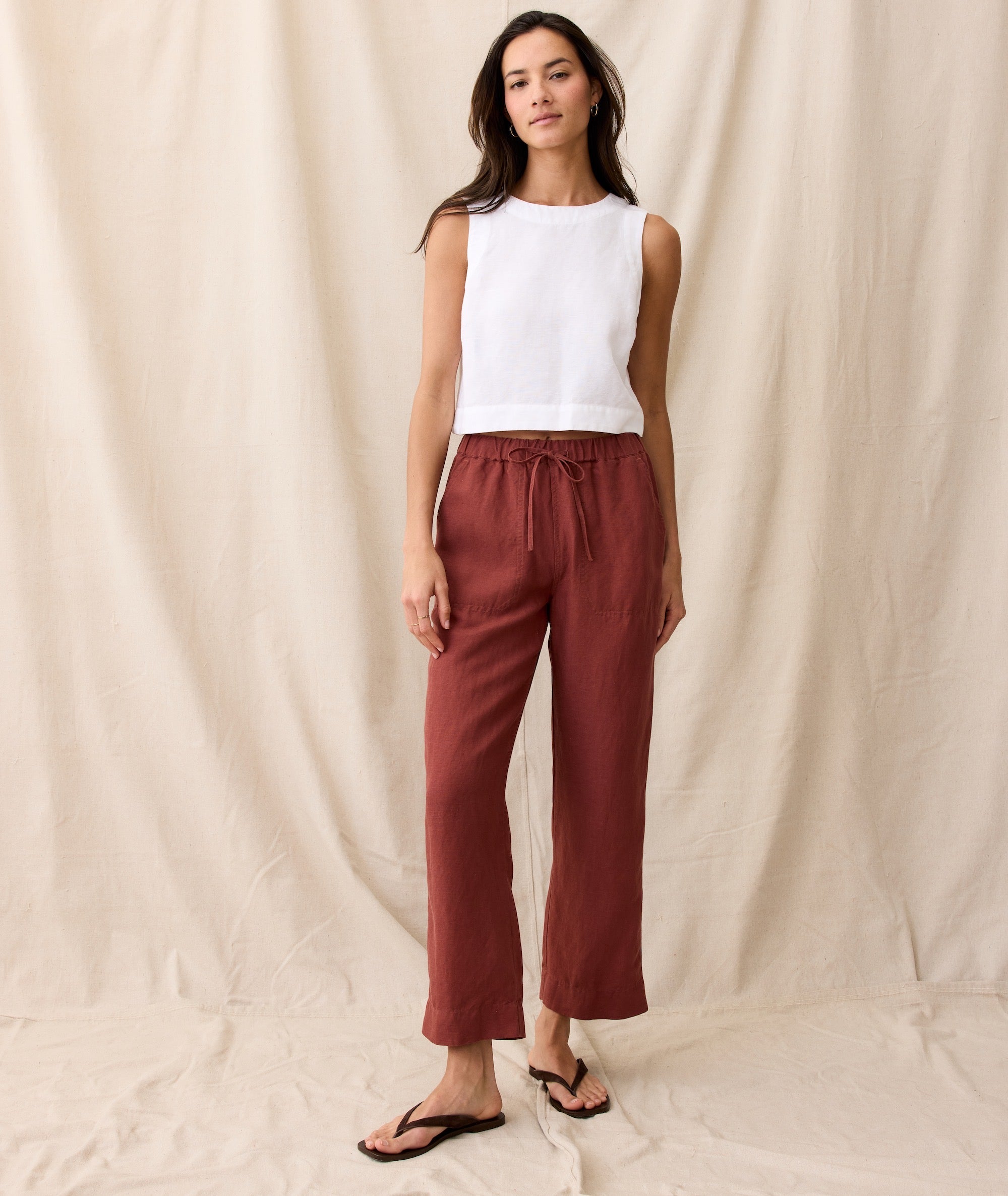 Linen Drawstring Straight Leg Pant
