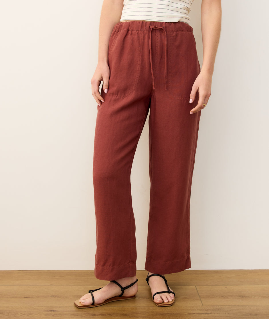Linen Drawstring Straight Leg Pant