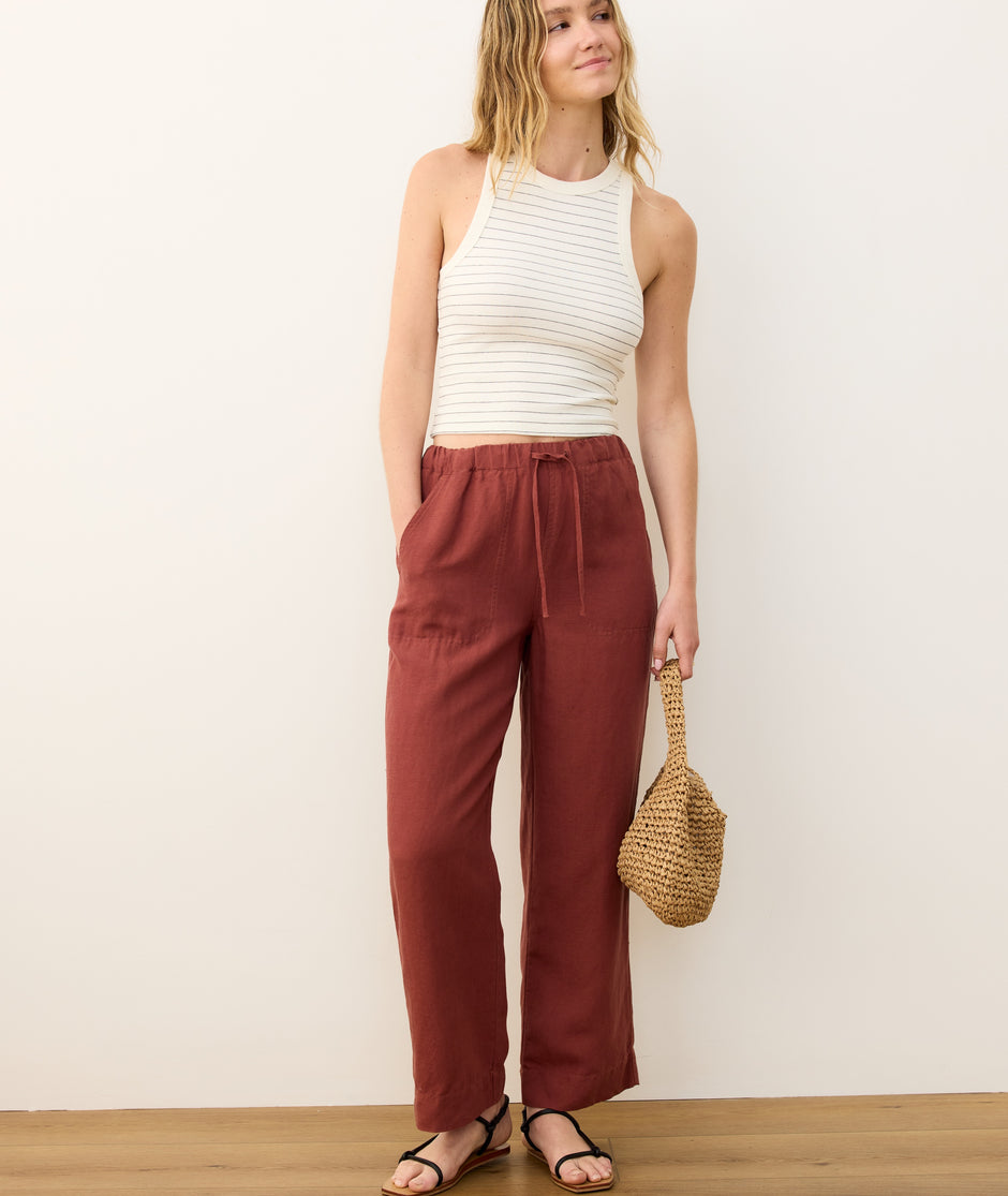 Linen Drawstring Straight Leg Pant