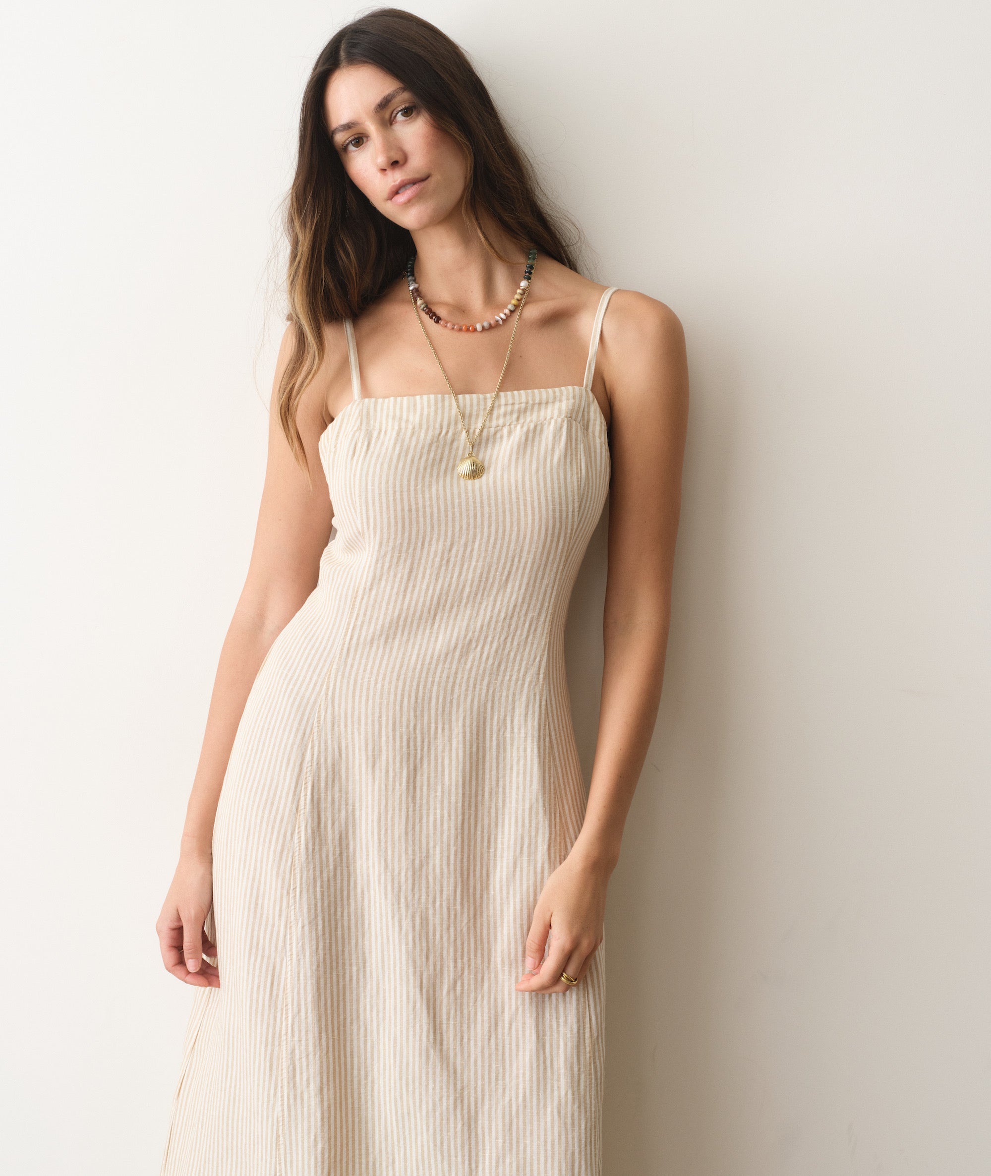 Lucia Linen Dress - Sand Stripe S Lucia Linen Dress - Sand Stripe S