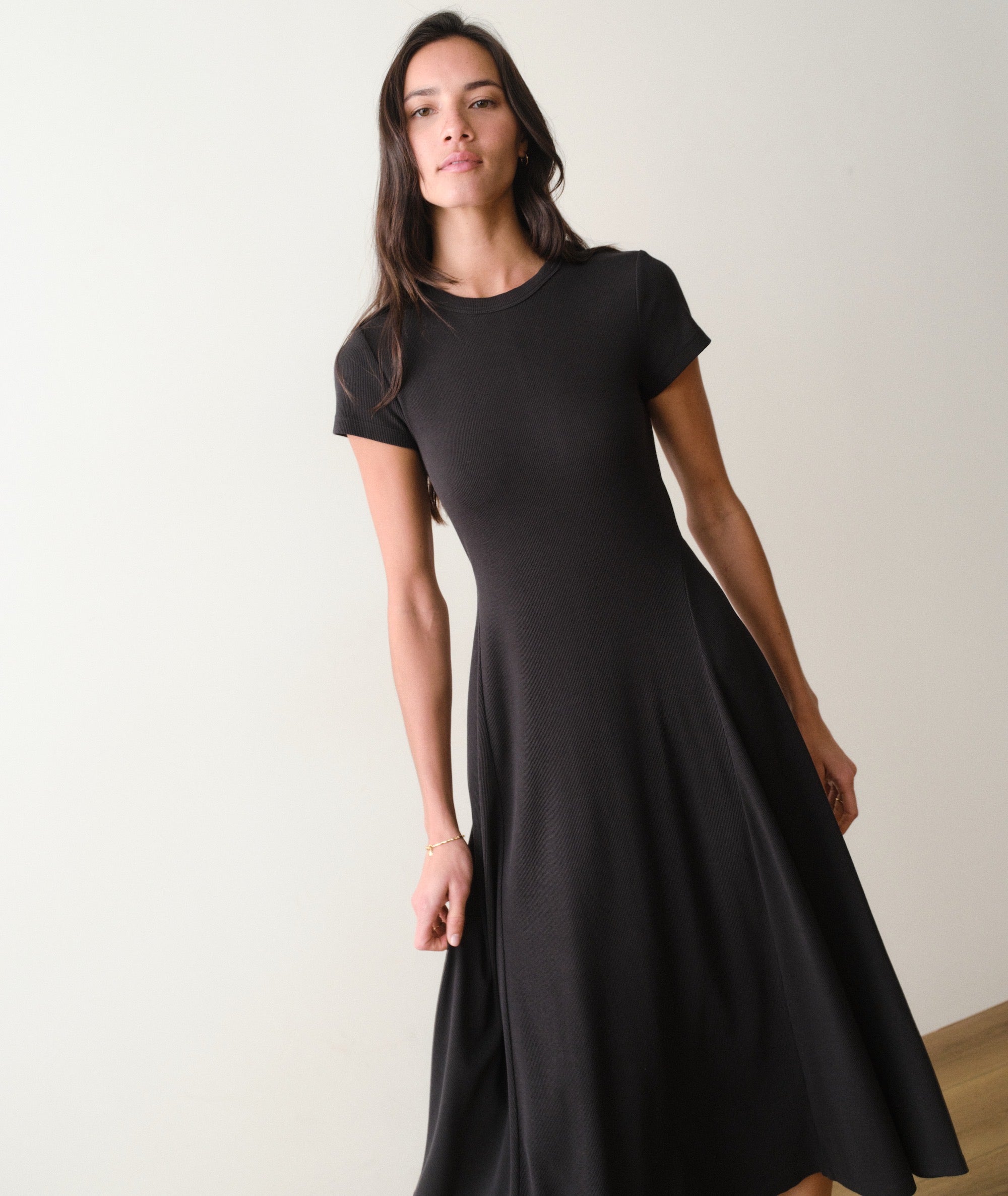 Women's Lexi Short Sleeve Fit & Flare Midi Dress | Black | Large by Marine Layer Women's Lexi Short Sleeve Fit & Flare Midi Dress | Black | Large by Marine Layer