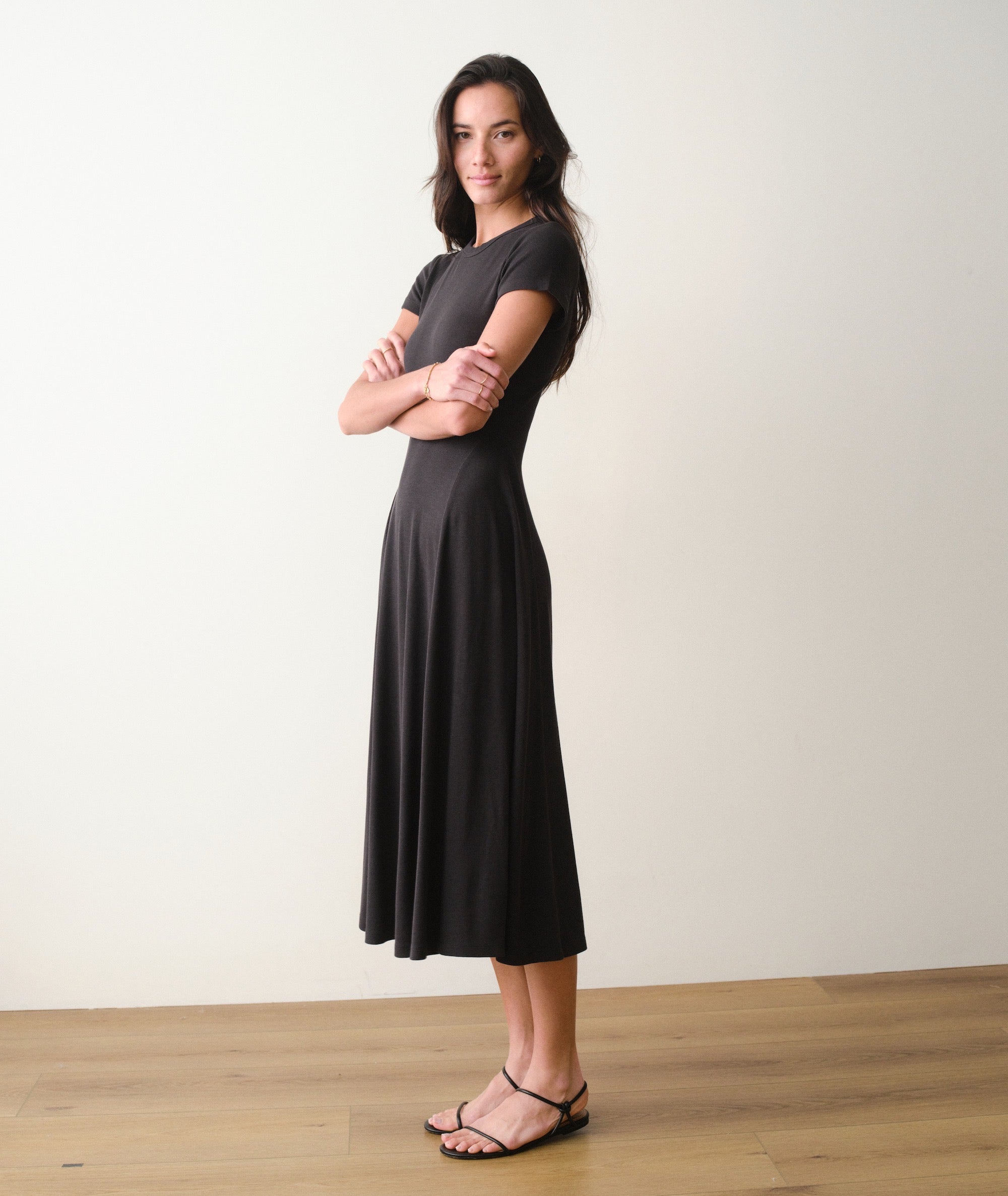 Women's Lexi Short Sleeve Fit & Flare Midi Dress | Black | Large by Marine Layer Women's Lexi Short Sleeve Fit & Flare Midi Dress | Black | Large by Marine Layer