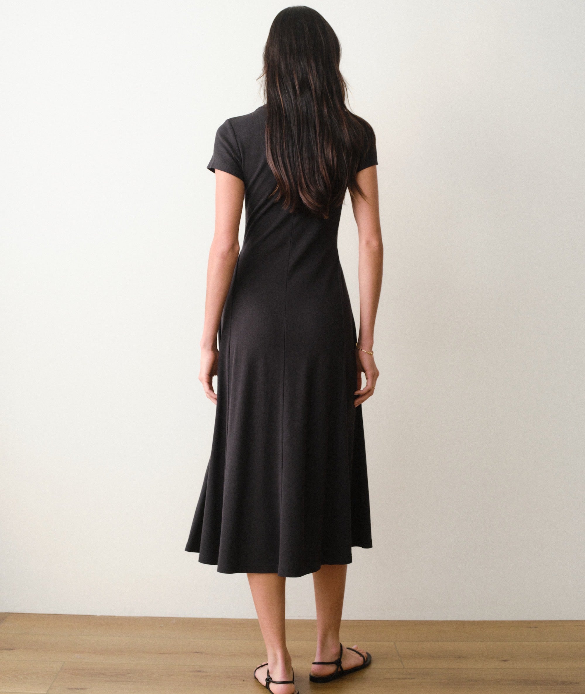 Women's Lexi Short Sleeve Fit & Flare Midi Dress | Black | Large by Marine Layer Women's Lexi Short Sleeve Fit & Flare Midi Dress | Black | Large by Marine Layer